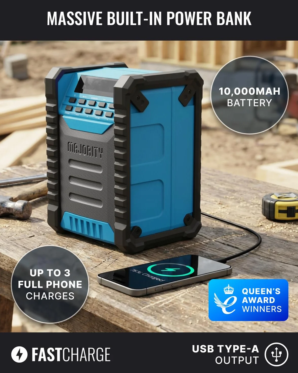 MAJORITY Landbeach radio da cantiere portatile | Batteria da 10.000 mAh DAB/DAB+ & FM radio ricaricabile con Bluetooth | Grado di protezione IP54 contro polvere e acqua.