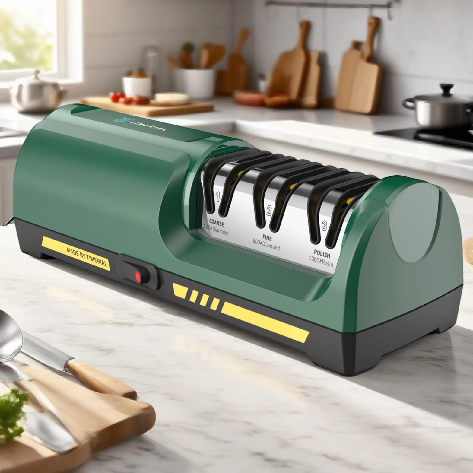 Affilacoltelli elettrico con disco abrasivo diamantato a 3 stadi e guida angolare di precisione a 15°, per affilare e lucidare coltelli da cucina in acciaio o coltelli in ceramica