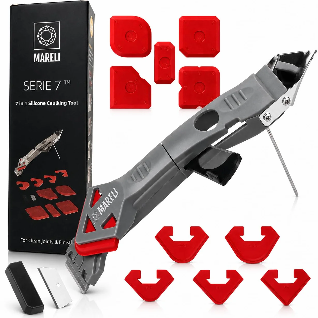 MARELI SERIE 7 - Spatola per Silicone Raschietto Togli Silicone Spatole per Silicone Calafataggio Flex Kit Silicone 7 in 1 Spatola Silicone Sigillante Professionale con Grout Remove per Bagno,Cucina
