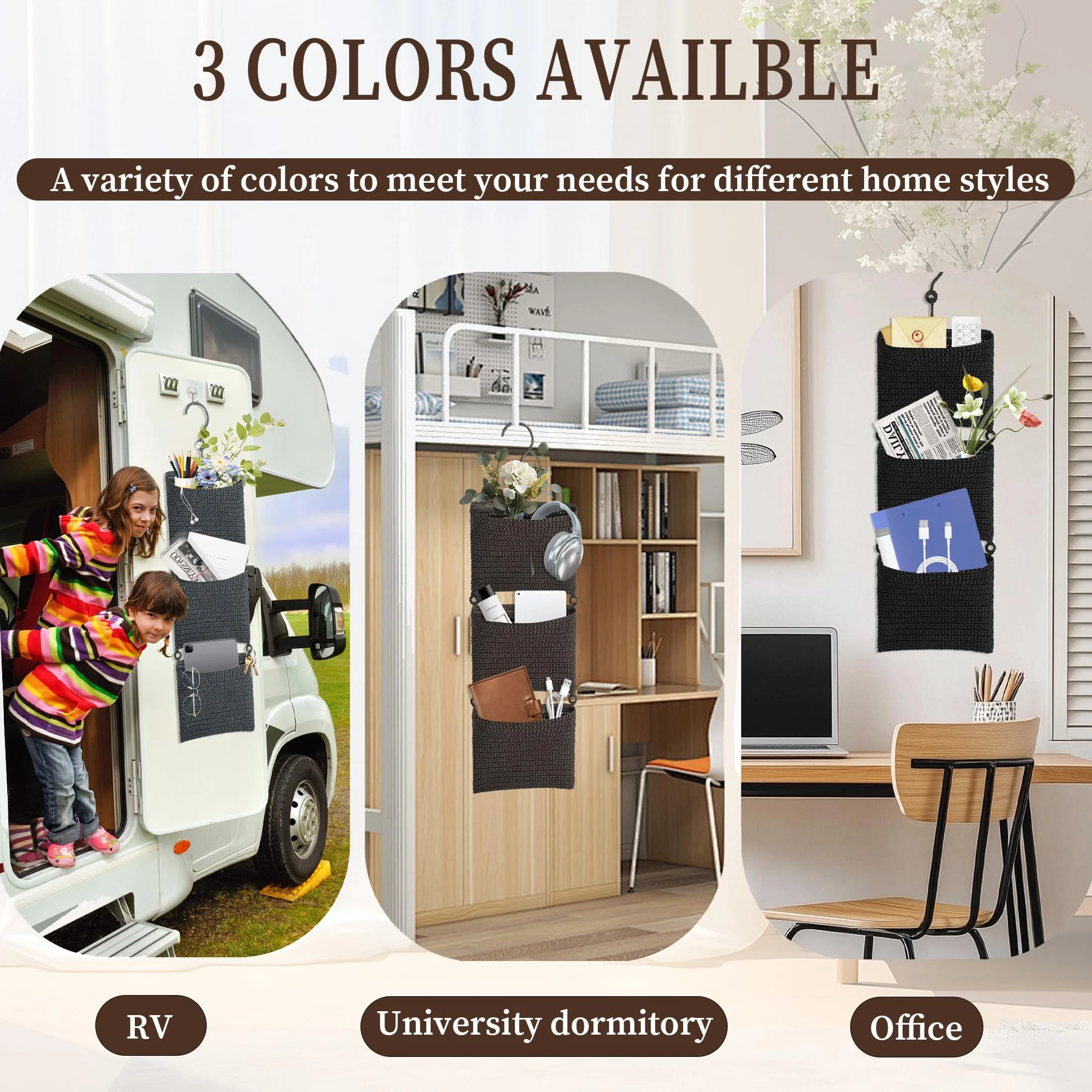 Cestino da parete a 3 ripiani con ganci per riviste, organizer decorativo, decorazione per cameretta dei bambini, soggiorno, camera da letto, bagno, grigio