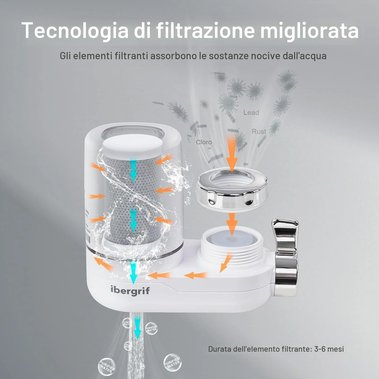Ibergrif Filtro acqua rubinetto, Sistema filtraggio domestico, Rimuove cloro sedimenti metalli pesanti