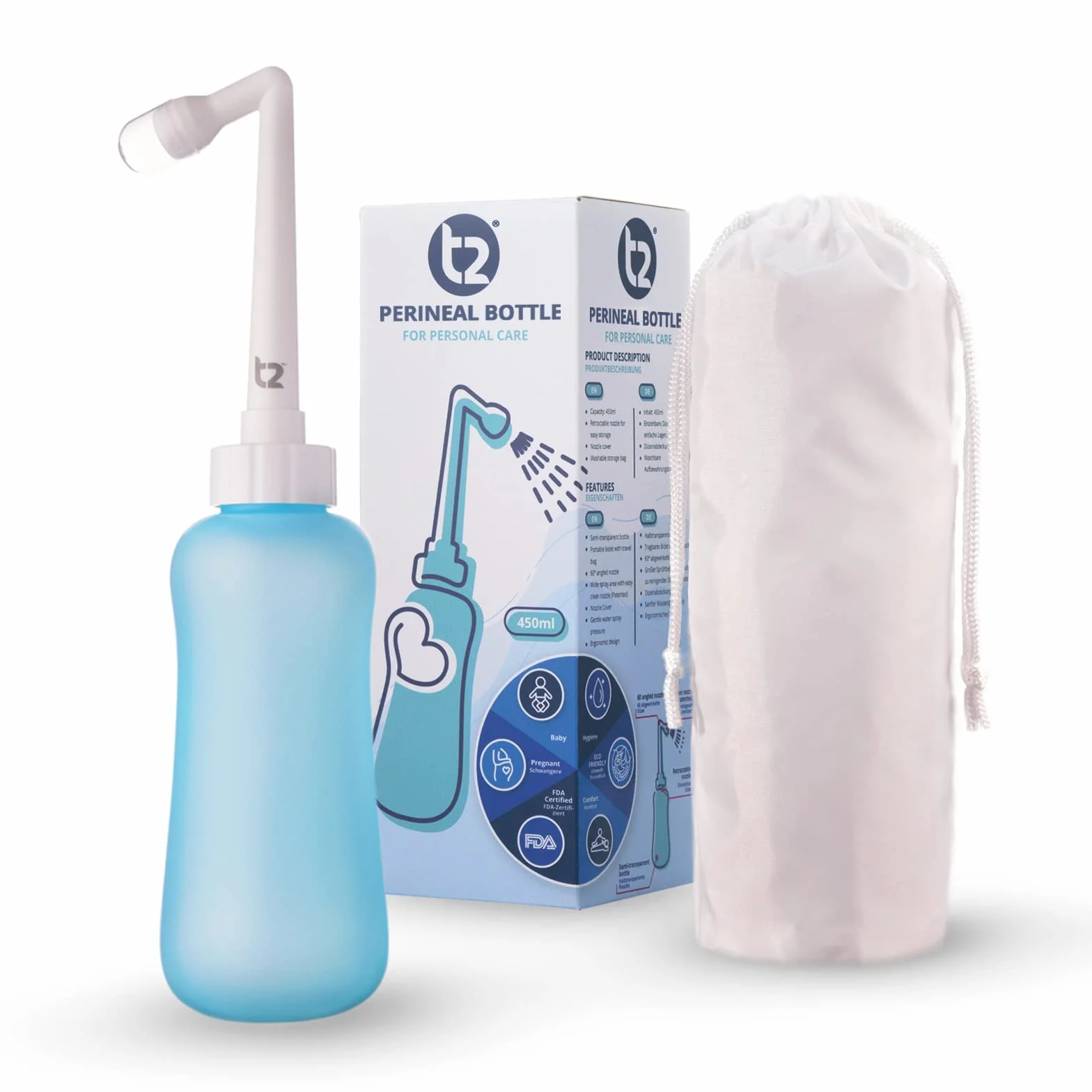 T2 Peri Bottle - Bidet Portatile da Post Parto, Sollievo dal Dolore Perineale - Da 450 ml con Ugello a 60°, Custodia Lavabile - Borsa Ospedaliera Essenziale per la Maternità, Regali per la Neo-Mamma