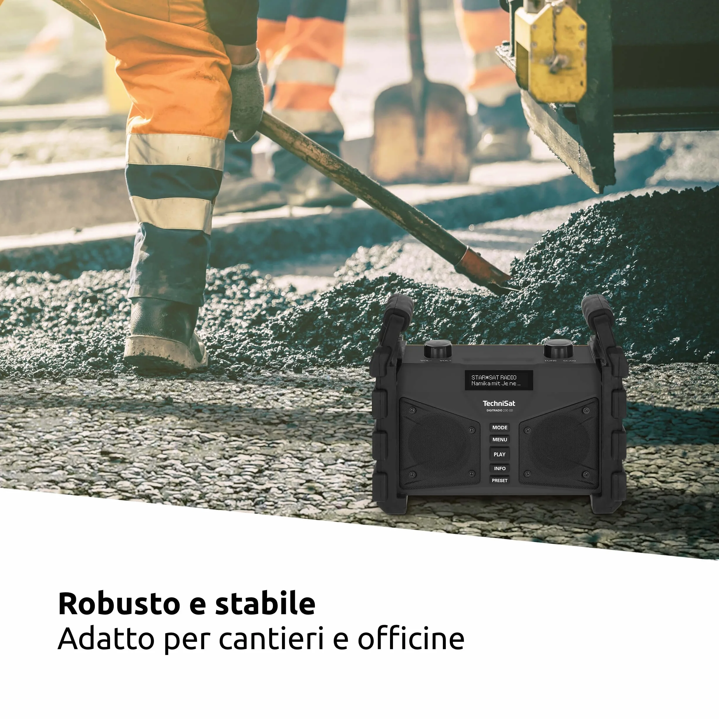 TechniSat DIGITRADIO 230 OD - Radio da cantiere DAB+ (DAB+, DAB, FM, USB, AUX in, Bluetooth, potente batteria ricaricabile, memoria preferiti, 2 altoparlanti stereo da 6 watt) nero