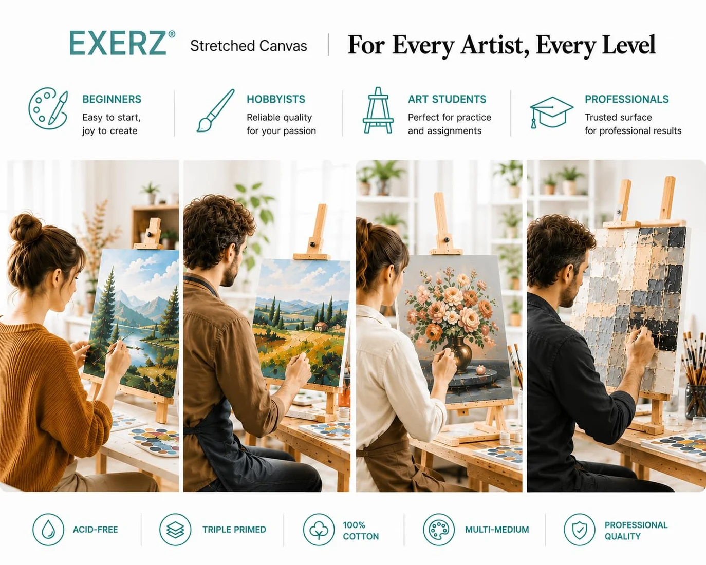 EXERZ 30x40cm Tele Intelaiate 5pz per Pittura per Artisti/Spessore 1.7cm 280GSM/ Tele Prestirate 100% Cotone/Prive di acidi/Bianca/Grana media - Per Dipingere, ad Acrilici, Pittura ad Olio