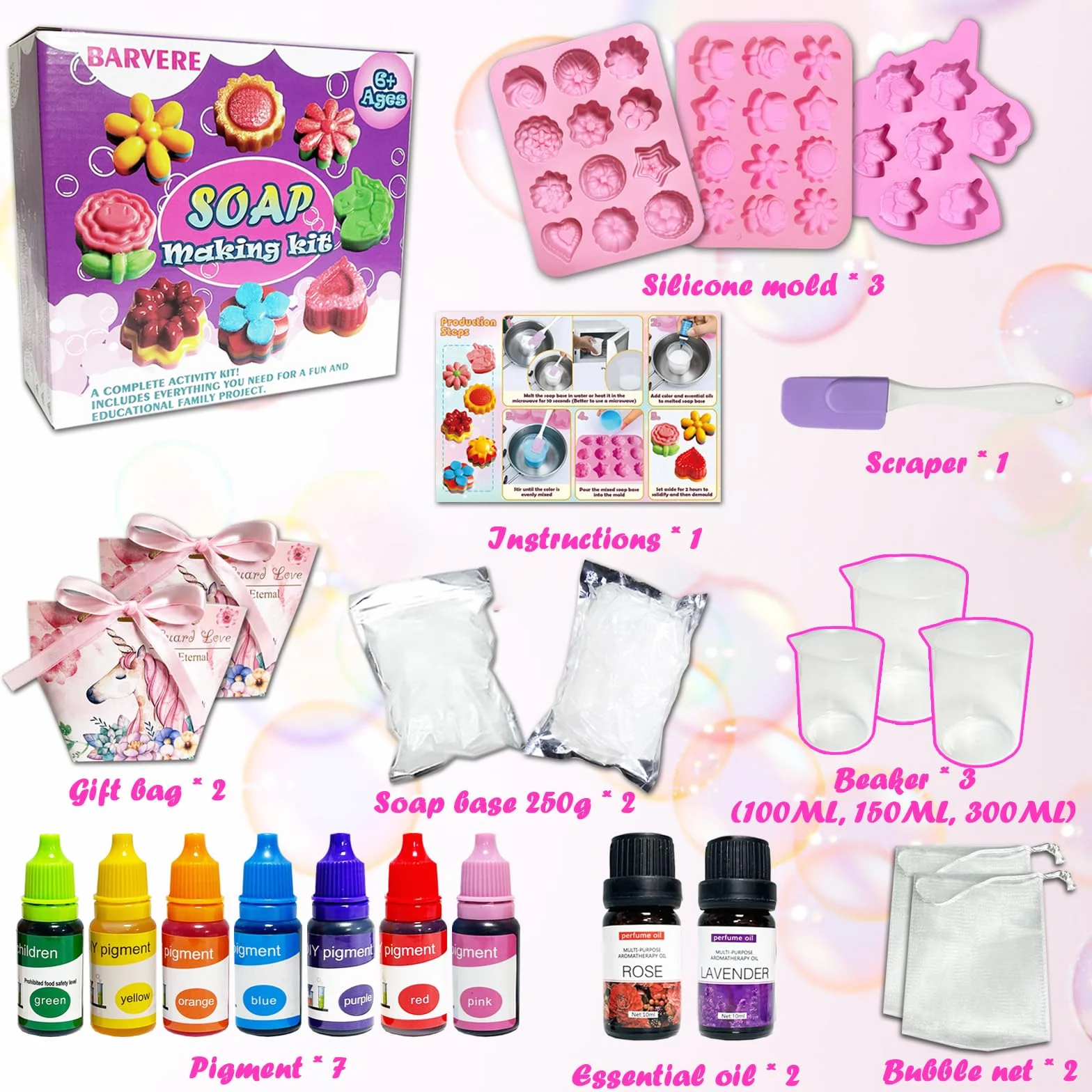 Kit Sapone Fai Da Te, 500g Sapone, 19 Forme, 7 Pigmenti, 2 Oli Essenziali, 2 Sacchetti e Strumenti Fai Da Te, Set per Compleanno, Regalo di Natale