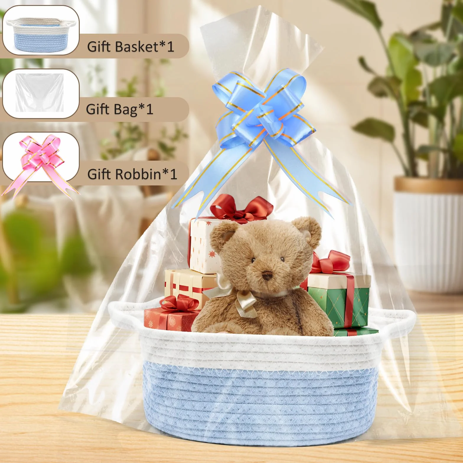 Cestino regalo vuoto 30 x 20 x 12 cm intrecciato blu con sacchetti e nastri