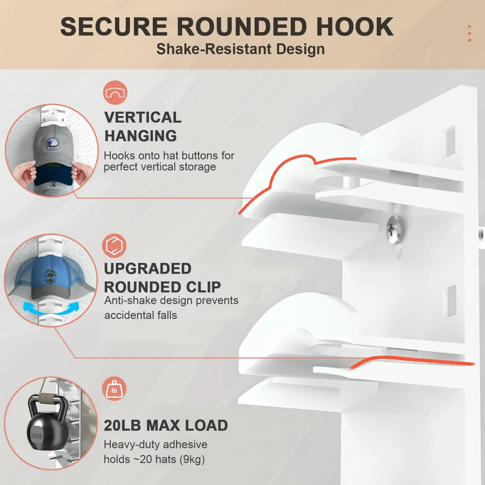Porta Cappelli Bianco 2 Pezzi Appendiabiti da Parete per Cappelli con Adesivo Forte Fino a 20 Cappelli