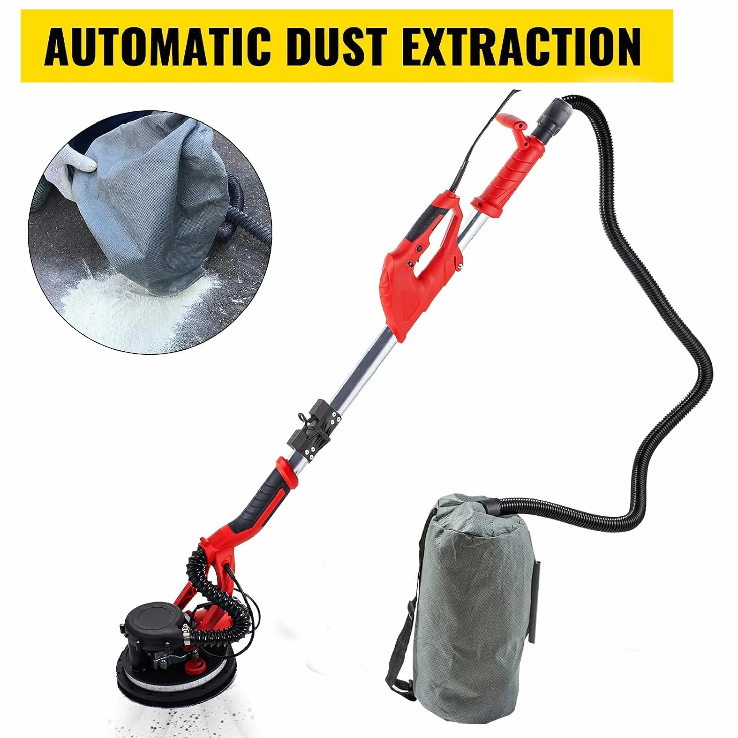 VEVOR Levigatrice per Cartongesso 850W, Velocità 800-1750 giri/min, Impugnatura Estensibile, LED, Tubo Polvere