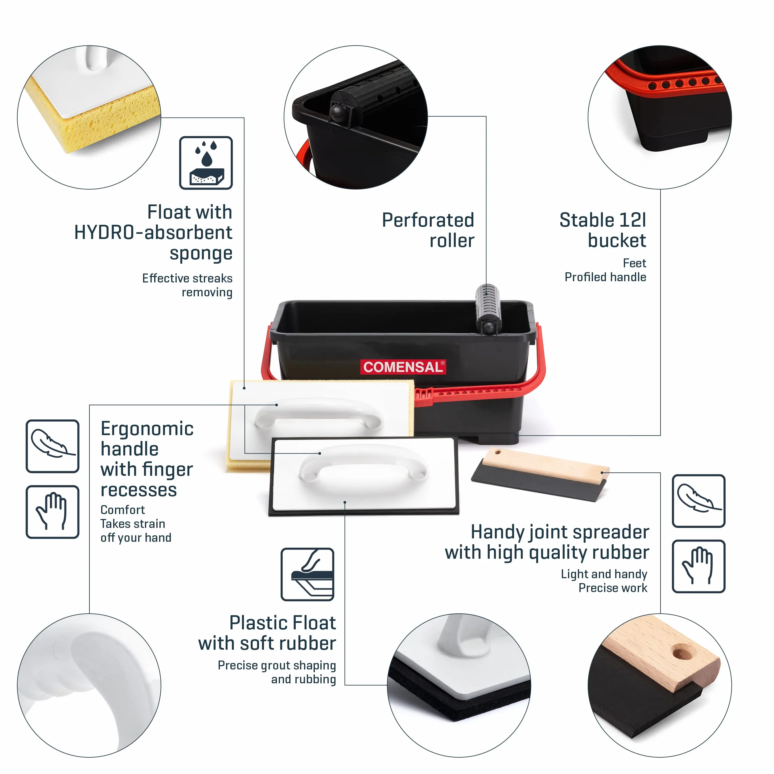 COMENSAL® Kit per lavaggio piastrelle - Set lavaggio piastrelle dopo la stuccatura - Secchio per piastrelle - Spatola di gomma - Set lavaggio piastrelle - Kit con Secchio e Accessori - Made in EU
