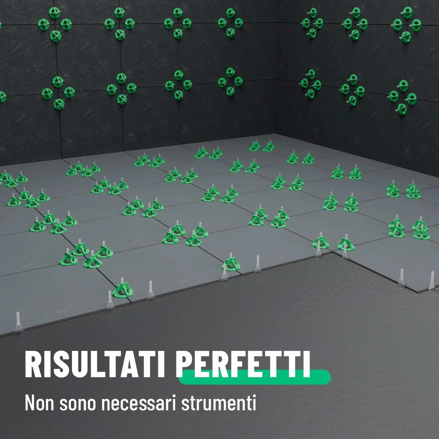 greate Sistema di livellatori per piastrelle da 250 Pezzi 2mm - Set per la Posa con 100 Clips, 100 Cappucci a Vite e 50 Crocette per piastrellisti - distanziatori per piastrelle 2 mm