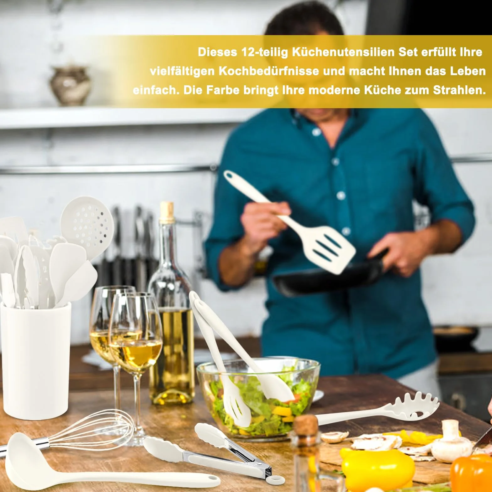 Homikit Set di 12 utensili da cucina in silicone resistenti al calore antiaderenti bianco