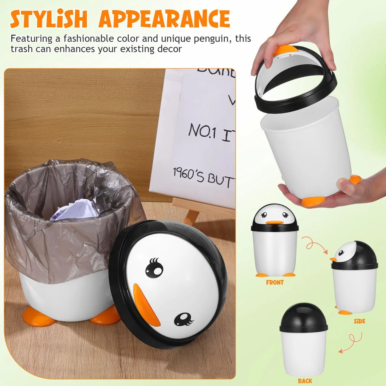Angoily Pattumiera pinguino con coperchio in plastica, organizer per camera da letto, ufficio, auto, bagno, cameretta dei bambini, bancone