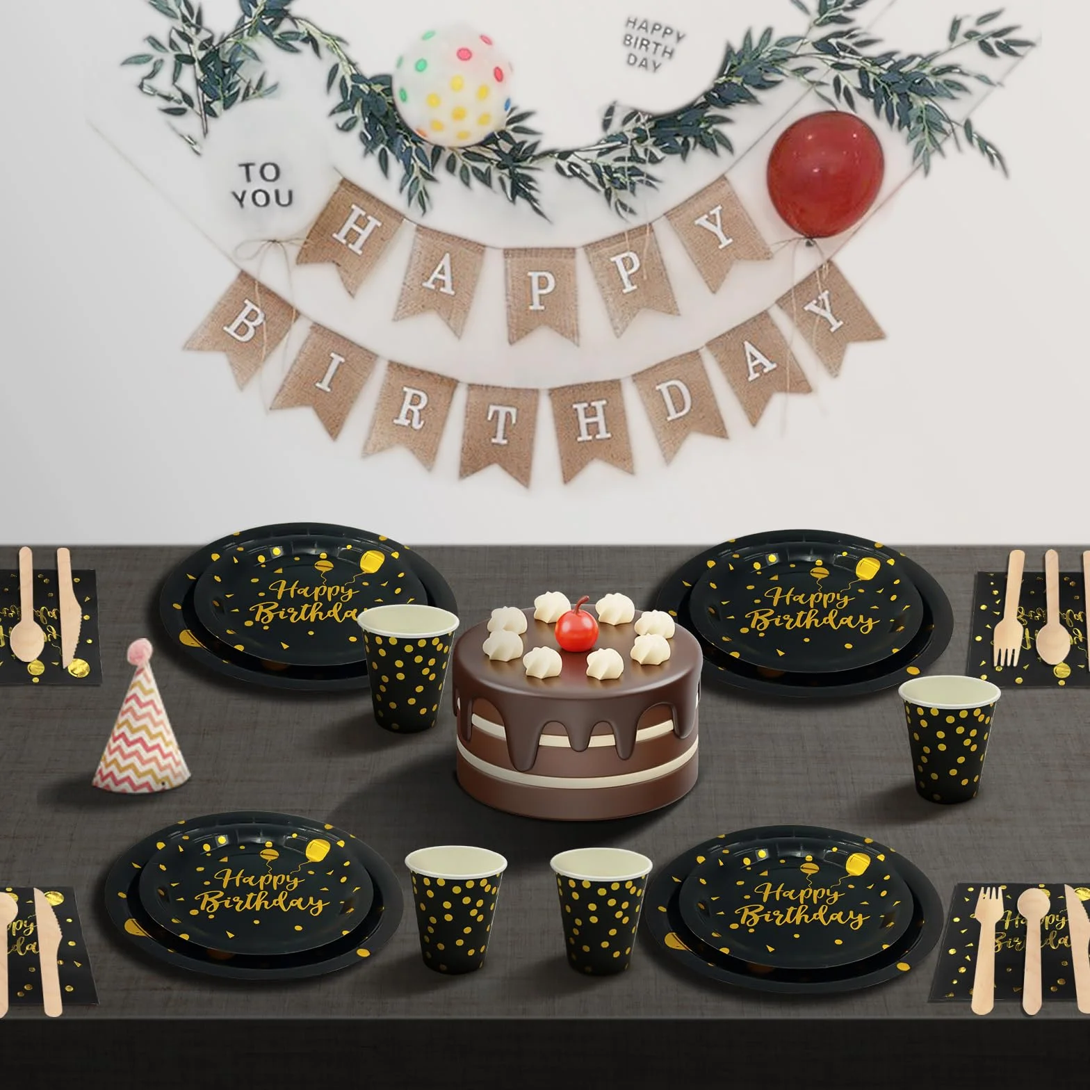 Compleanno Stoviglie Oro Nero 193 Pezzi Set Piatti Tovaglioli Tazze Carta 24 Ospiti