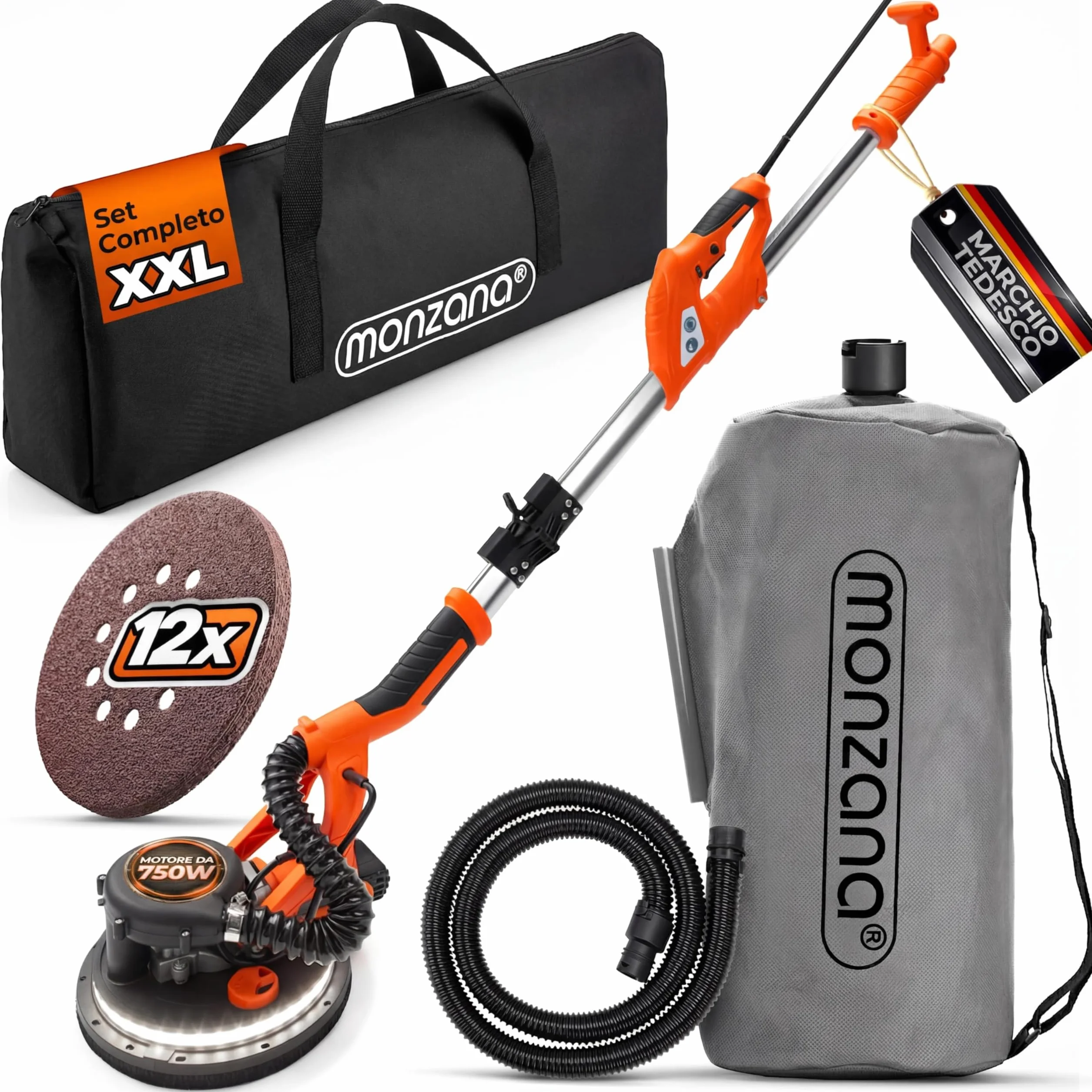 MONZANA Levigatrice Muro 750W Telescopica Cartongesso Giraffa 12 Dischi Abrasivi