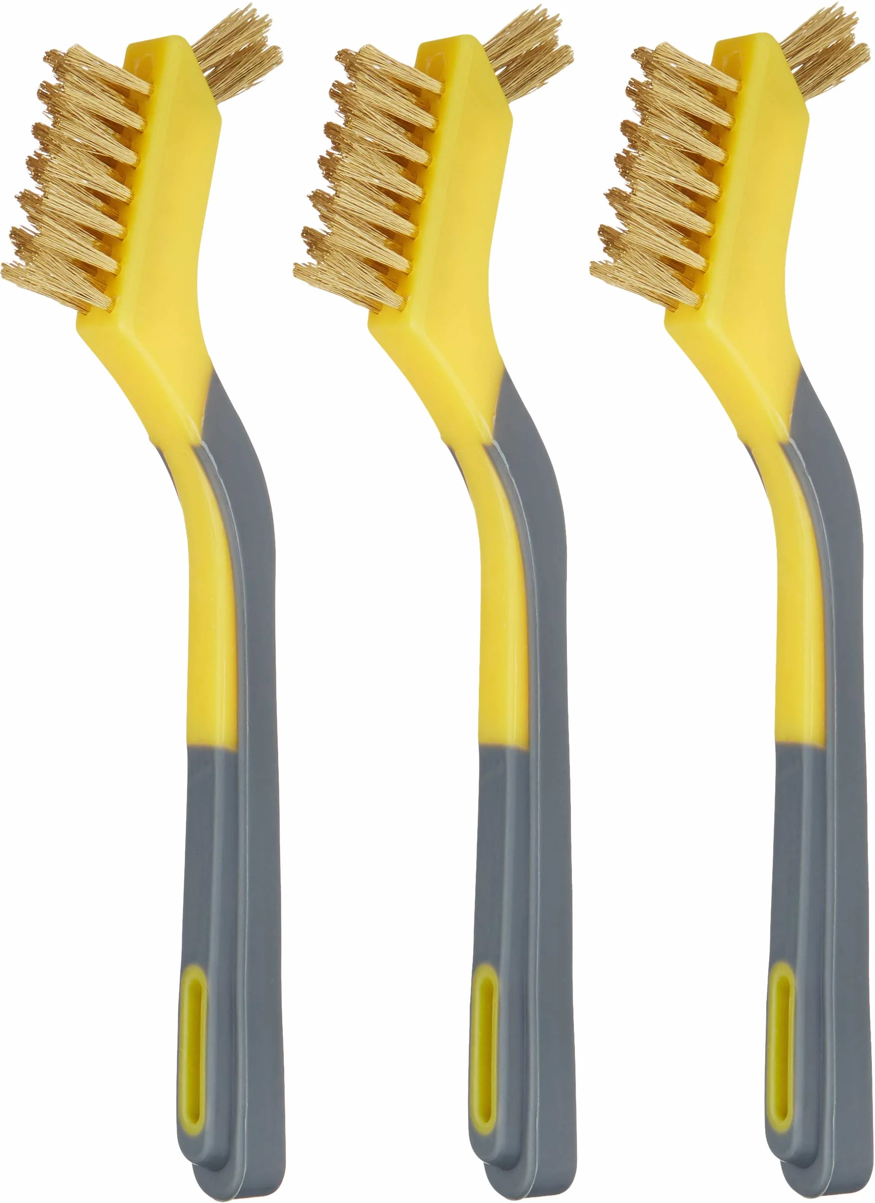 Amazon Basics Confezione da 3 mini spazzole in ottone, con impugnatura morbida, 12.7 mm, giallo/grigio, per pulire e rimuovere la ruggine