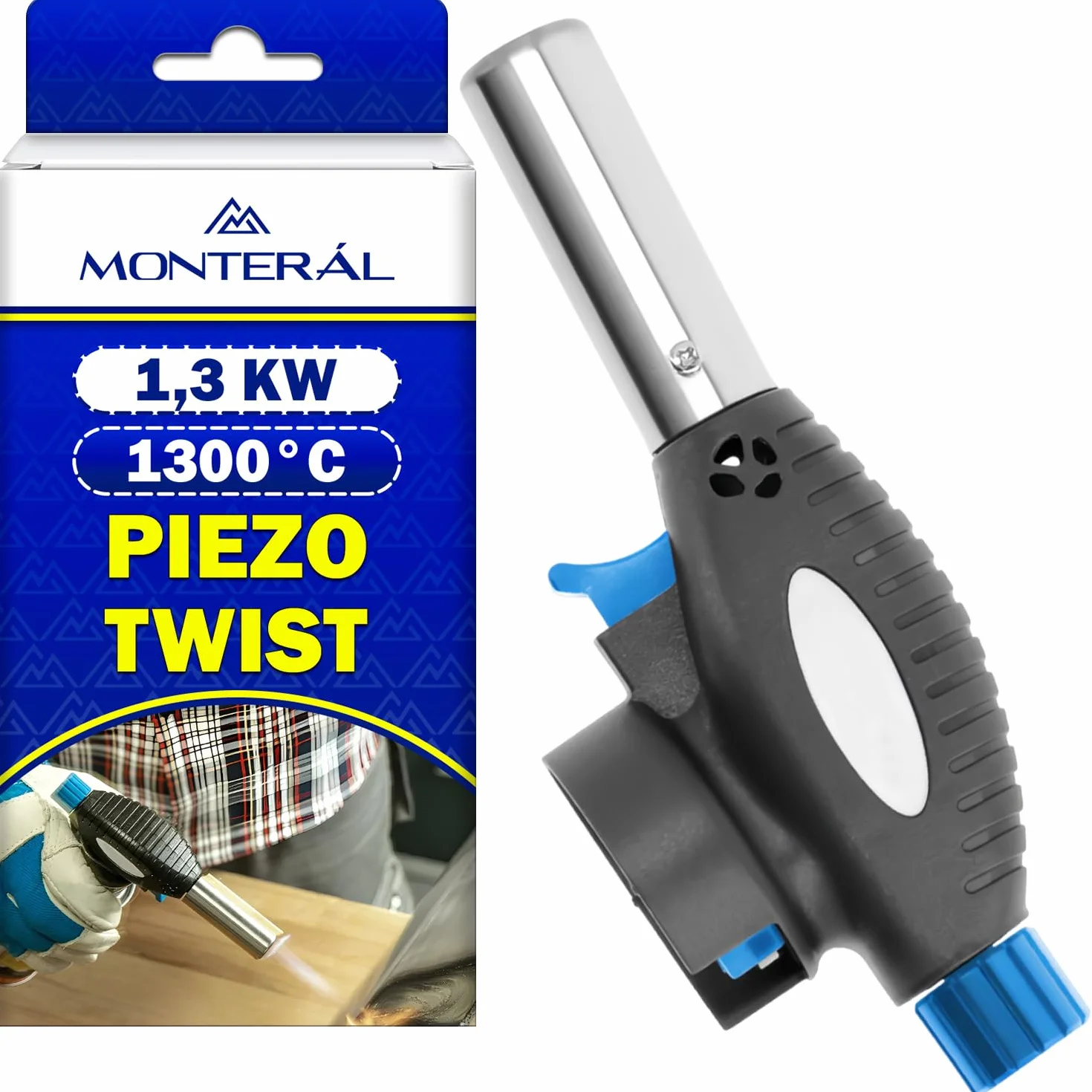 Cannello a Gas 1,3 kW 1300°C con Accensione Piezoelettrica e Attacco Tipo TWIST - Bruciatore a Gas Butano Adatto per Saldatura e Come Torcia Cucina Professionale - MONTERAL