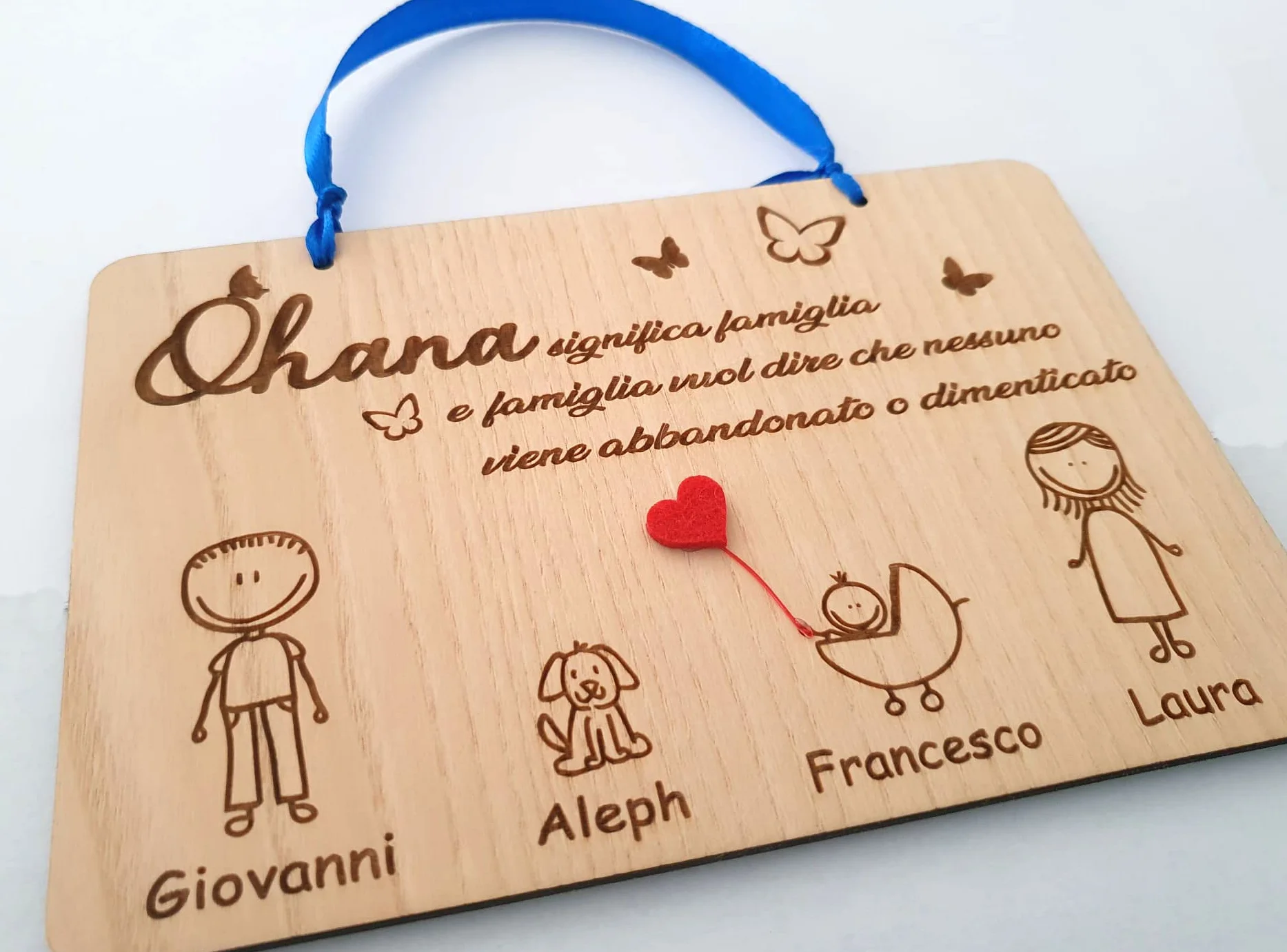 Targhetta in legno personalizzata Famiglia - regalo legno personalizzato con base, fori o biadesivo