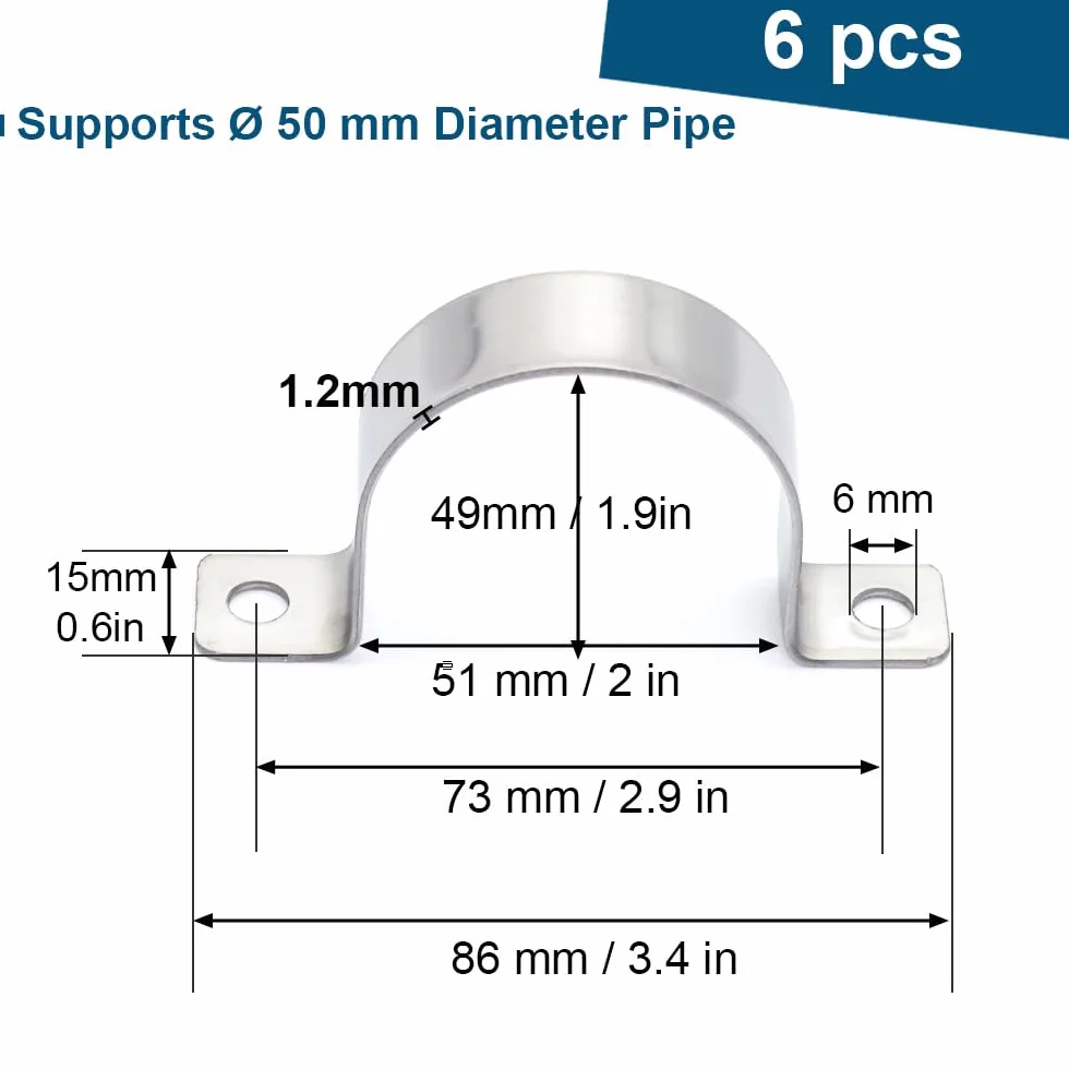 6Pcs Collari Per Tubi Acciaio Inossidabile 304 Morsetti Per Tubi 2 Fori Fascette Stringitubo Morsetto Per Tubi A Forma Di U Per Il Fissaggio Dei Tubi Ø 50 mm