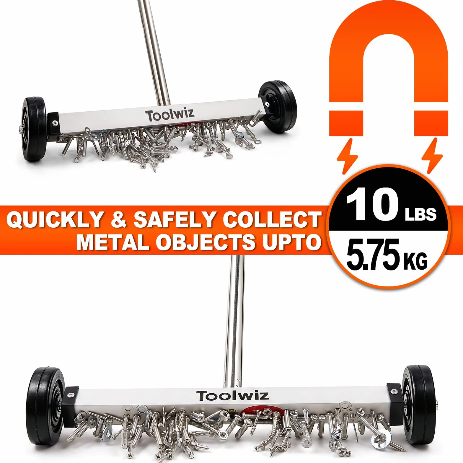 Toolwiz Spazzatrice Magnetica Compatta 38,1 cm - Attrezzo da Copertura per Giardino Strumento multifunzione 4,5 kg con manico telescopico e ruote per raccogliere chiodi