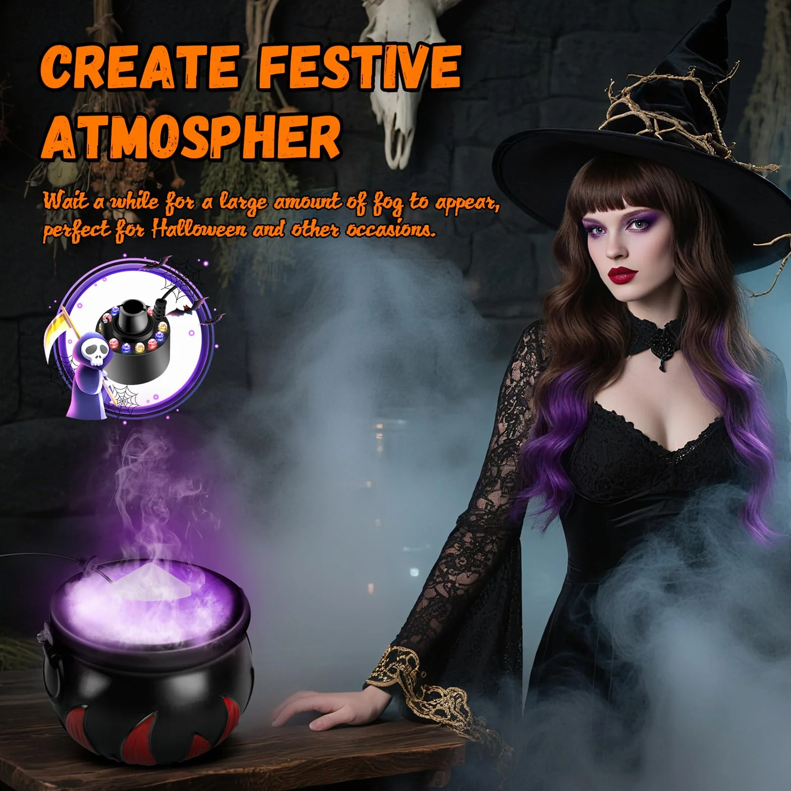 Calderone della Strega di Halloween con Creatore di Nebbia, 12 LED Cambia Colore, Fontana di Nebbia per Interni