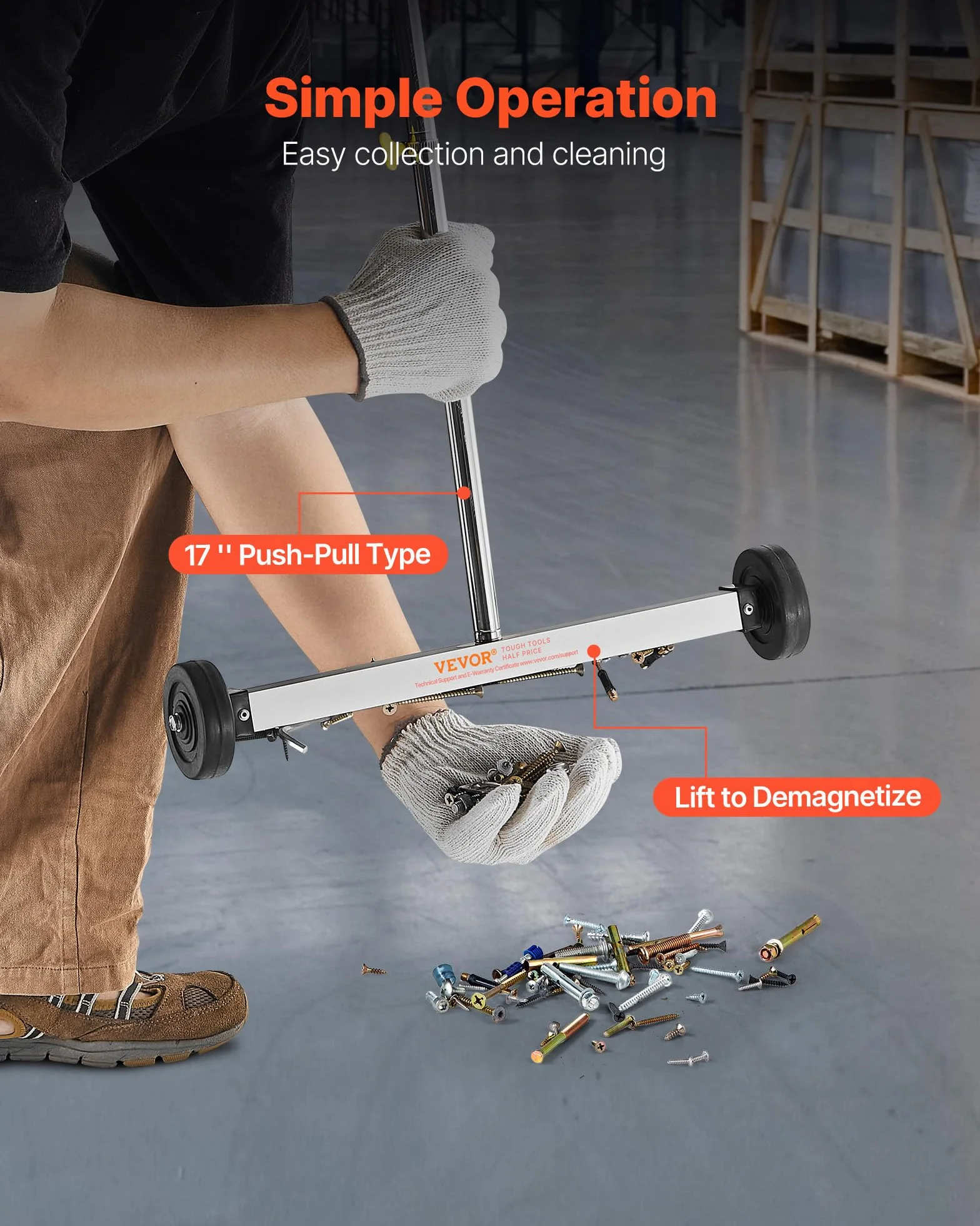 VEVOR Spazzatrice Magnetica con Ruote per Chiodi Spazzatrice Magnetica Leggera con Manico Regolabile Raccoglie Chiodi e Viti, Facile Pulizia per Garage, Progetti di Copertura, Carico 4,5 kg