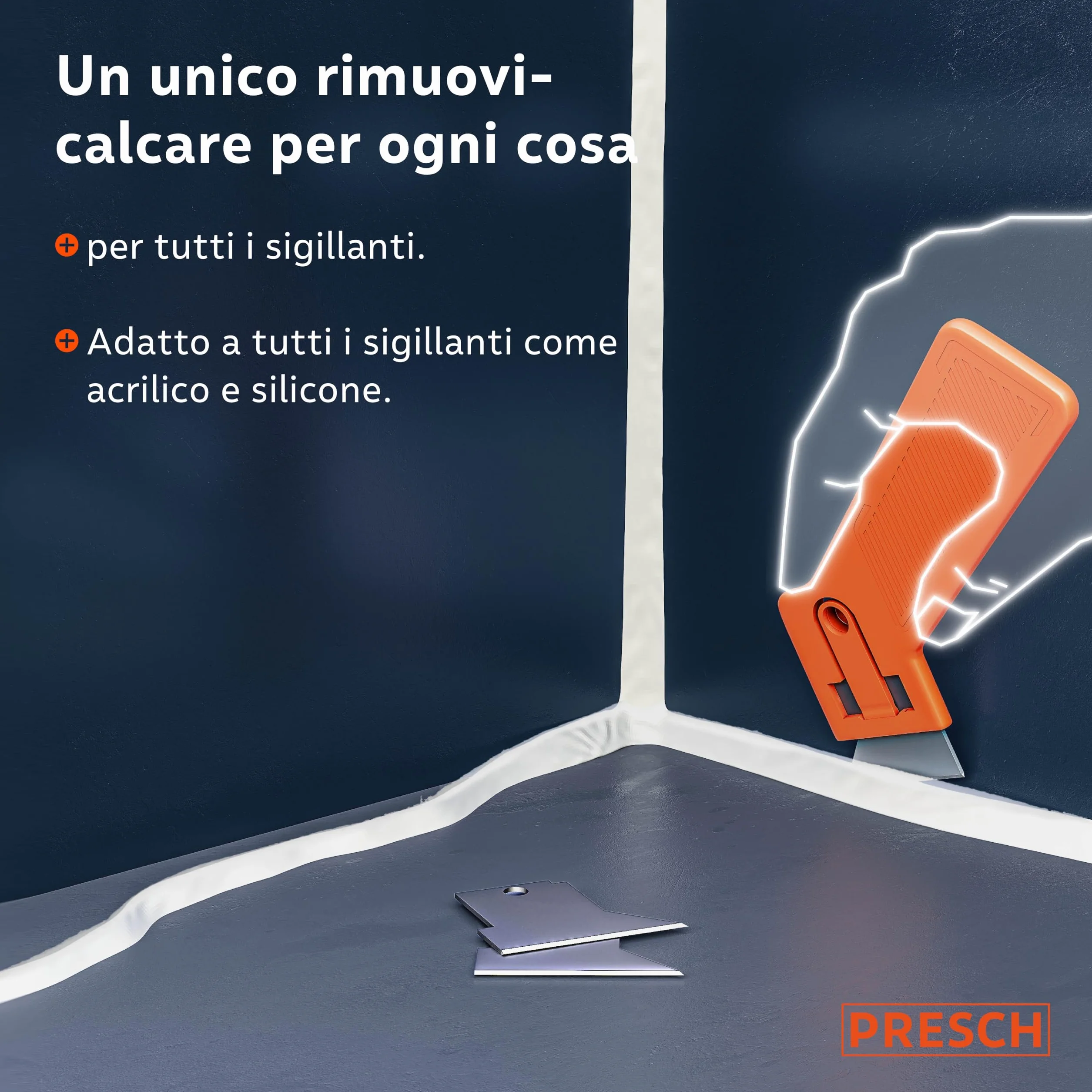 Presch Raschietto fughe incl. 3 lame - Per la rimozione precisa dei giunti grazie all'elevata nitidezza - Facile cambio delle lame - Raschietto silicone per sigillanti morbidi come acrilico e silicone