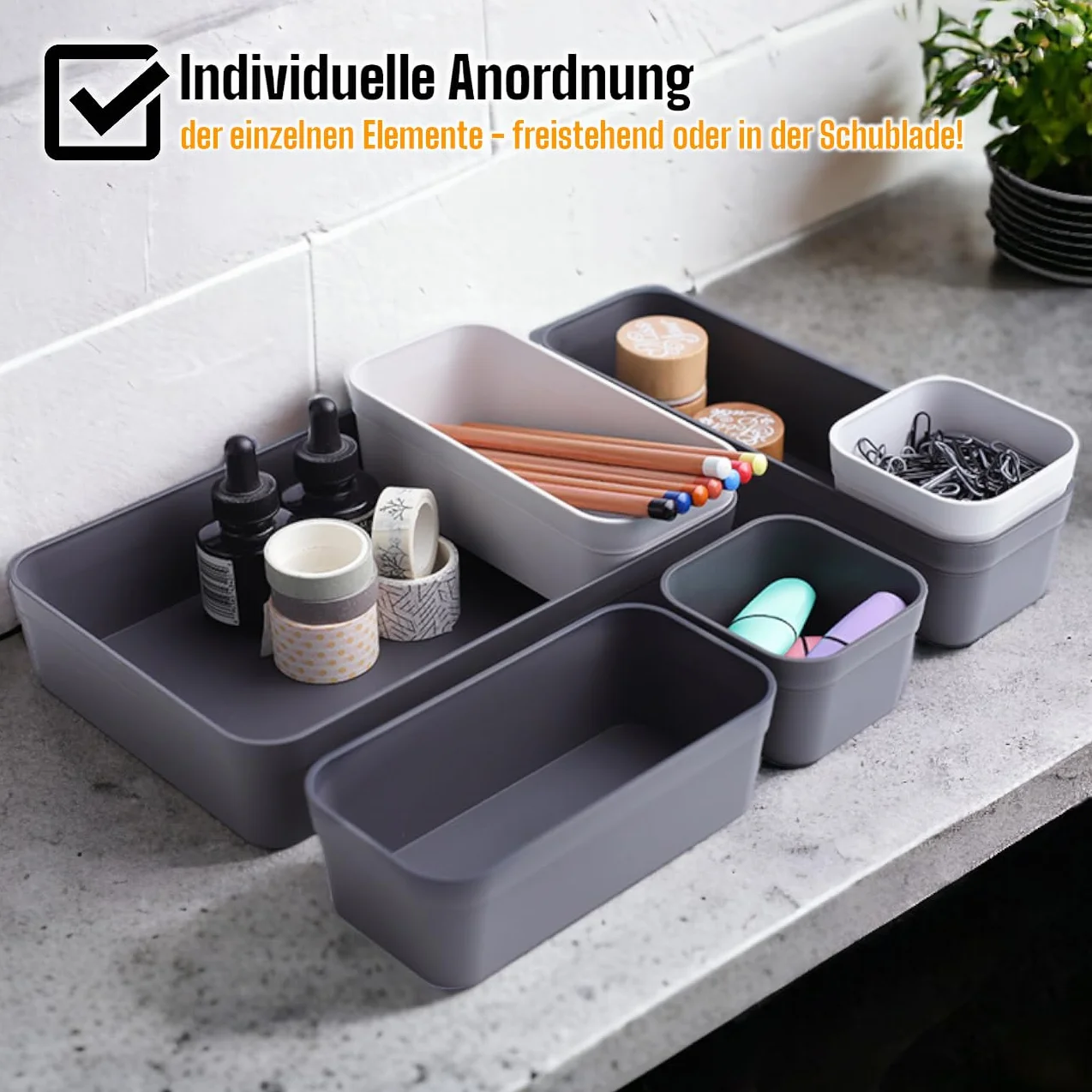 Set di organizer per cassetti, con sistema di separazione, regolabile, per soggiorno, bagno, in plastica, grigio chiaro