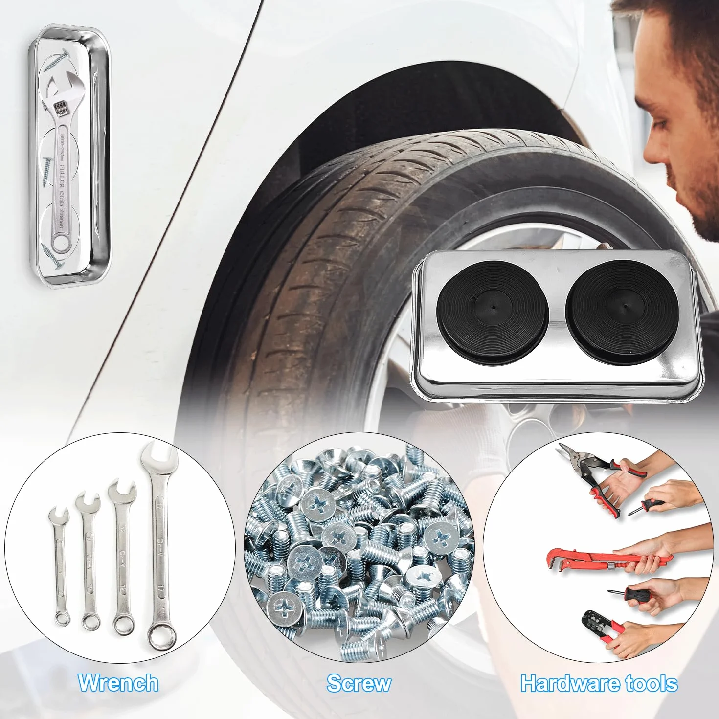 4 Pezzi Officina Vassoio Magnetico Kit, Vassoi in Acciaio Inossidabile Includono Vassoi per Utensili Rotondi e Rettangolari, per Attrezzi, Viti, Punte e Chiodi (4)