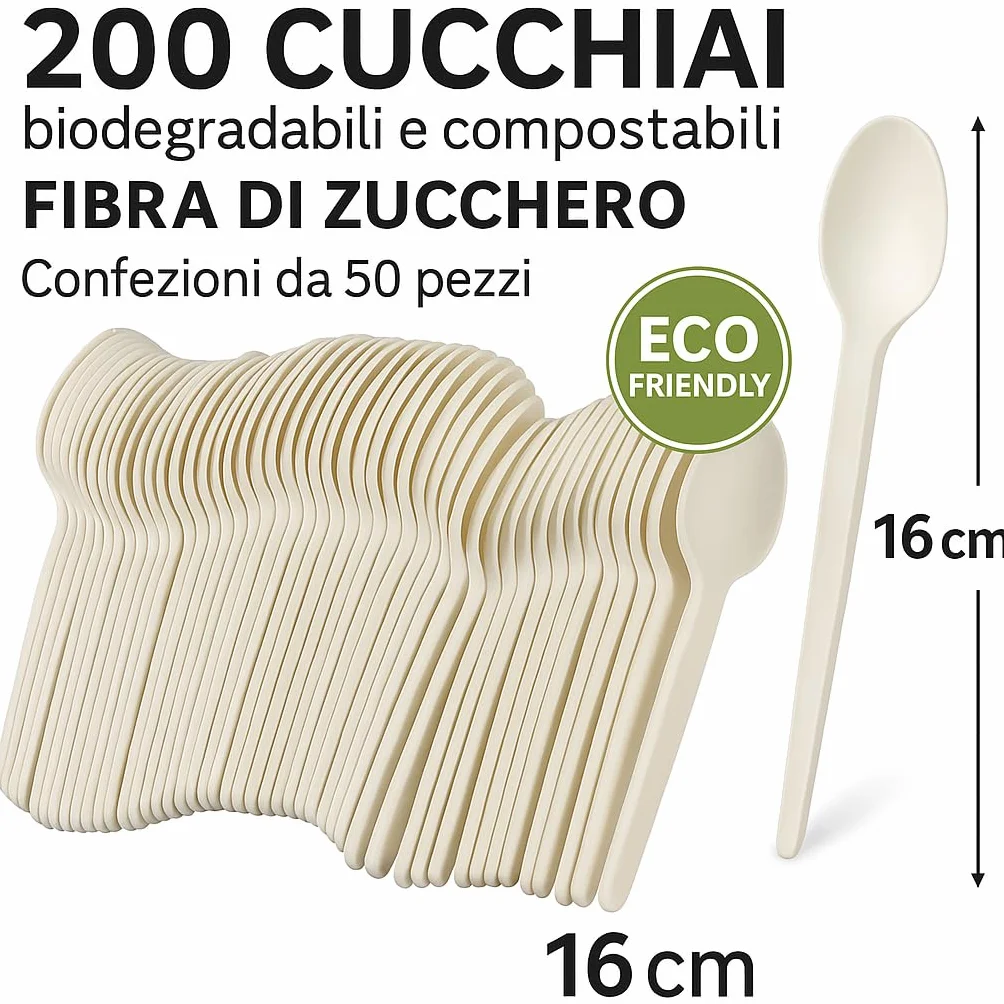 Cucchiai biodegradabili e compostabili in fibra di zucchero bianche 200 pezzi