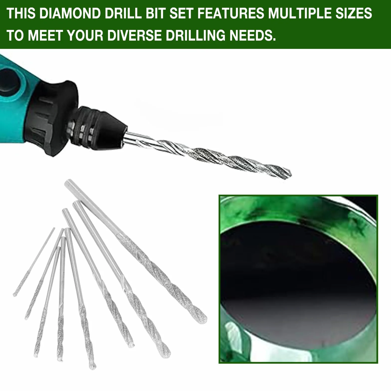 8 punte diamantate per trapano diamantato, 0,8 mm fino a 3,0 mm, per vetro, metallo, conchiglie, giada, perle, ecc