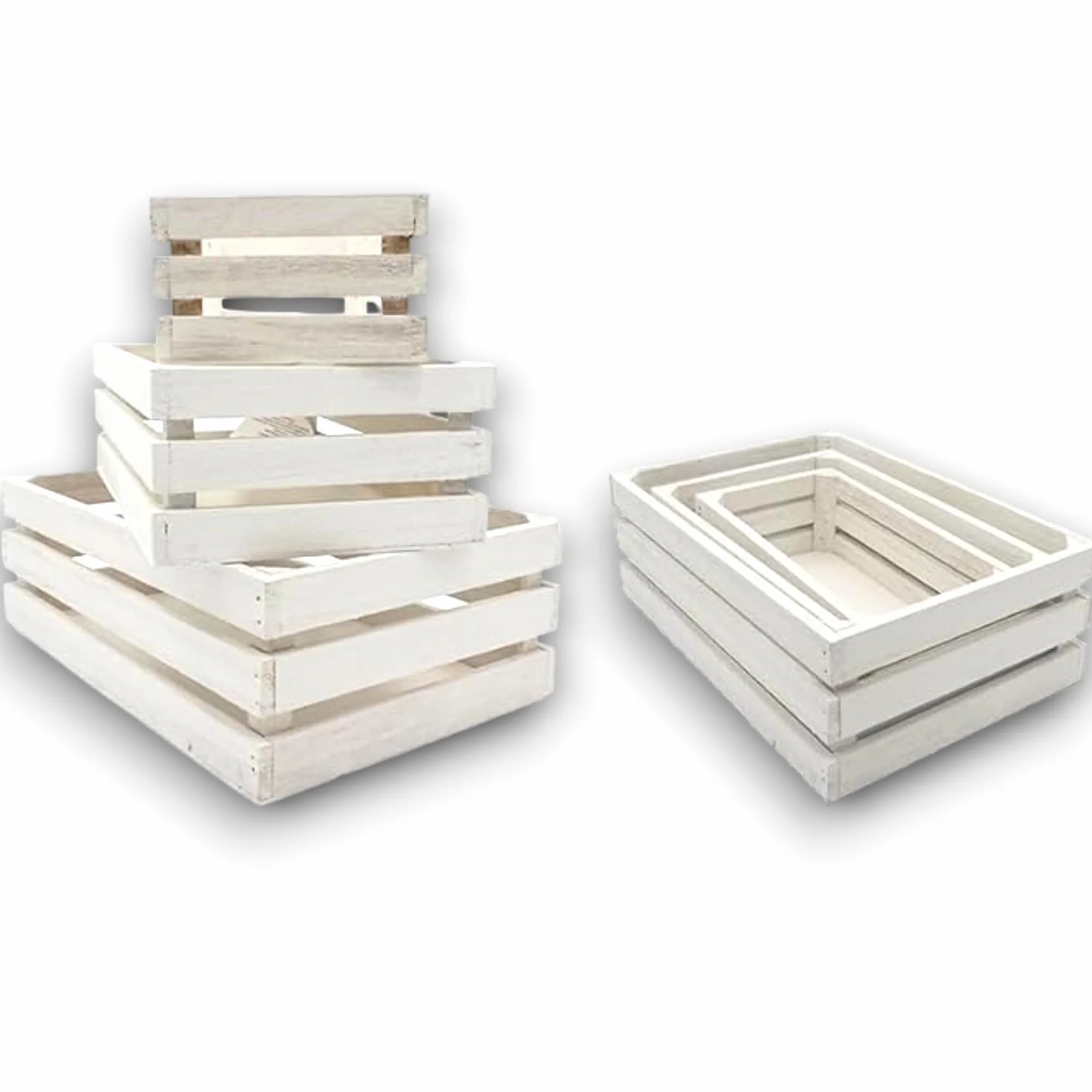 Generico Set 3 Cassette in Legno Bianco Impilabili, misure 22x12x7cm, 26x16x8,5cm, 30x20x10cm, Cestini Portaoggetti Decorativi con Maniglie, Scatola organizer per camera, cucina, bagno