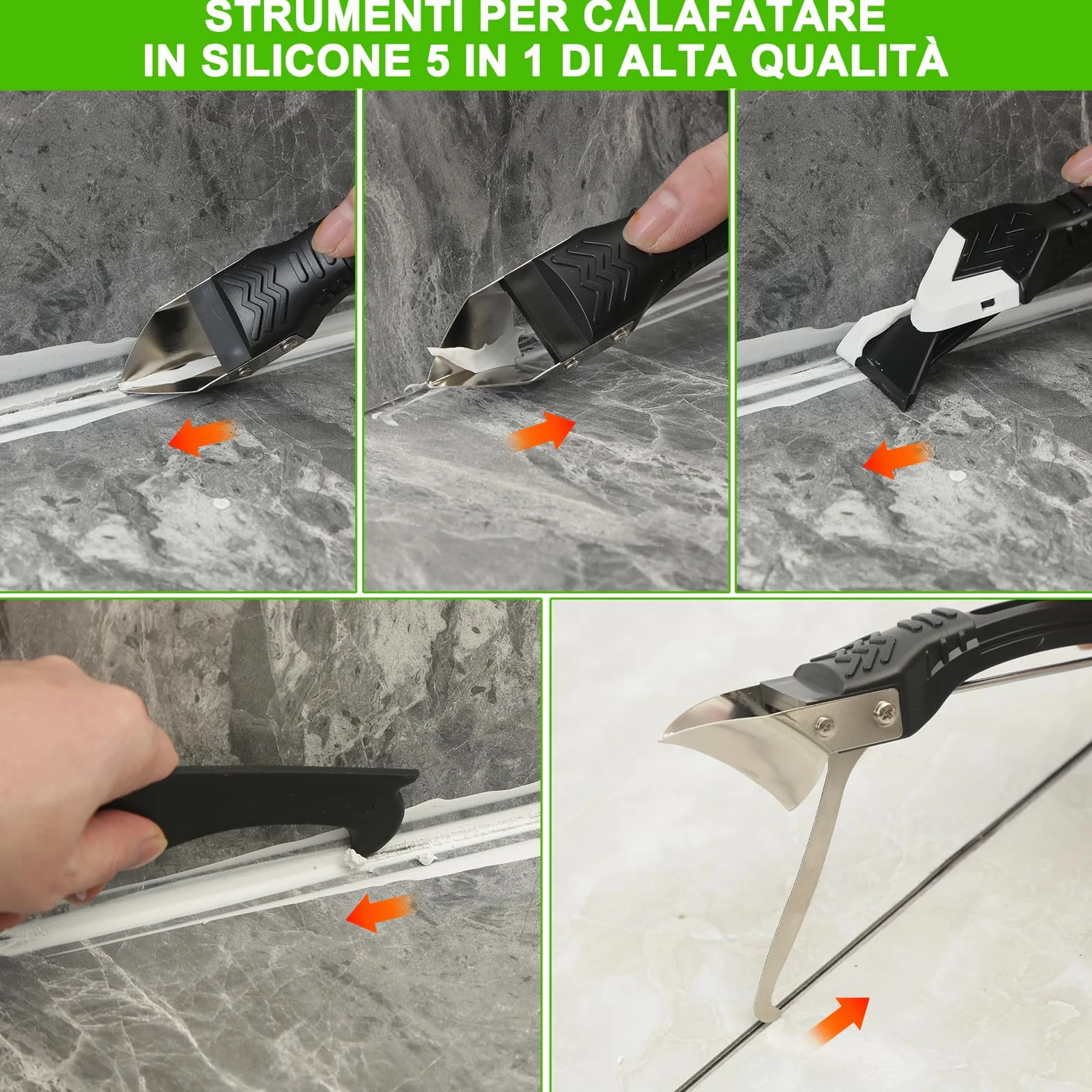 Professionale Strumento per Calafataggio 5 in 1, Rimuovi Silicone Spatola per Silicone togli e Spatola Raschietto per Stucco Strumento Con 6 Cuscinetti Sostituibili Sigillante (Bianco)