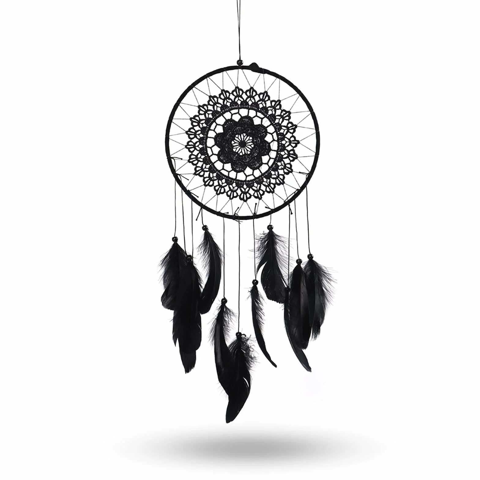 HERCHR Acchiappasogni nero con perline e piume diametro 20,5 cm per decorazione camera da letto