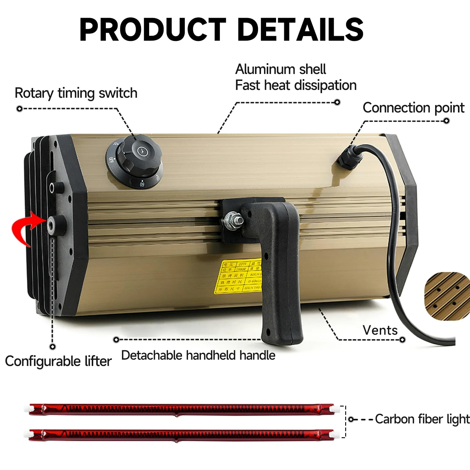DATOUBOSS Lampada per polimerizzazione della vernice a infrarossi a onde corte da 2000 W, asciugatrice per riparazione carrozzeria auto, luce di cottura portatile, strumento per cabina spray per