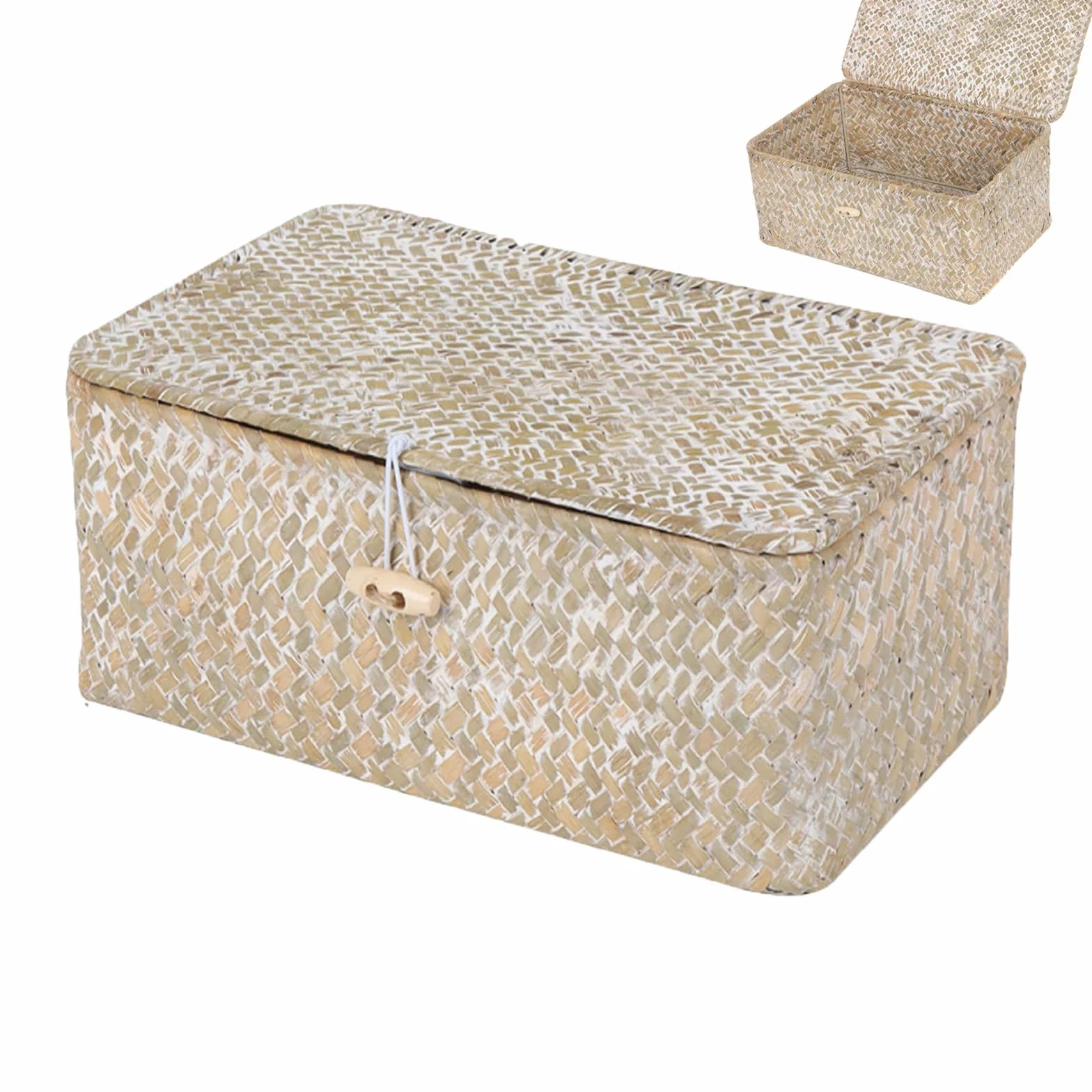 Cesto Portaoggetti in Rattan Intrecciato Rettangolare con Coperchio, Organizer Multifunzionale per Trucchi e Abbigliamento (M, Bianco)