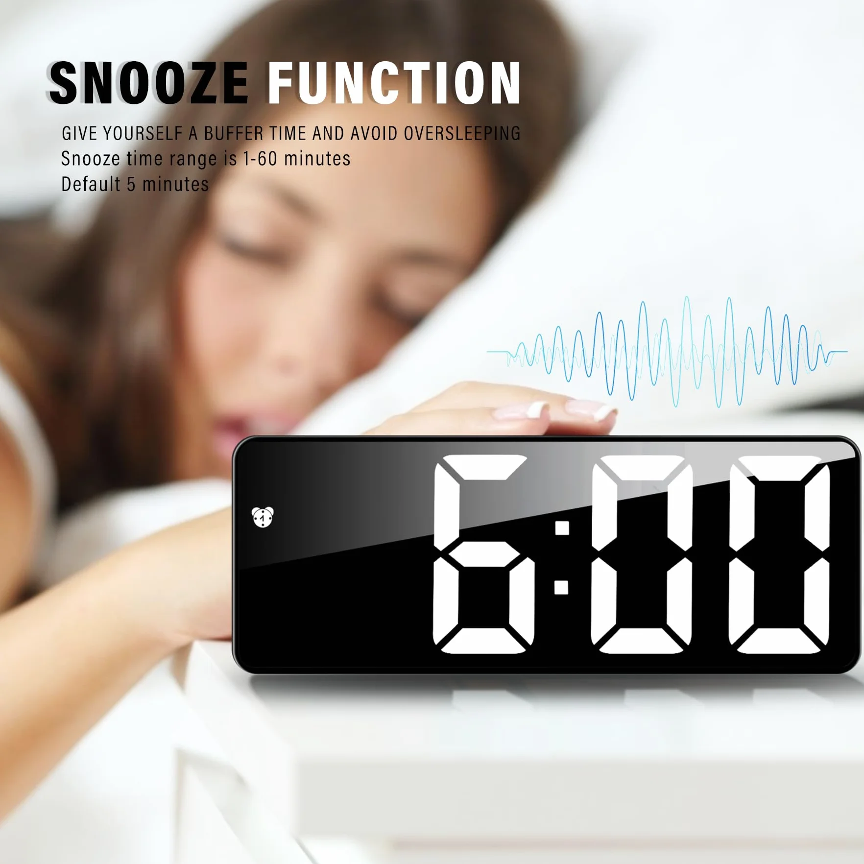 JQGO Sveglia Digitale da Comodino con Snooze, Display LED e Temperatura, USB e Batteria, Bianco