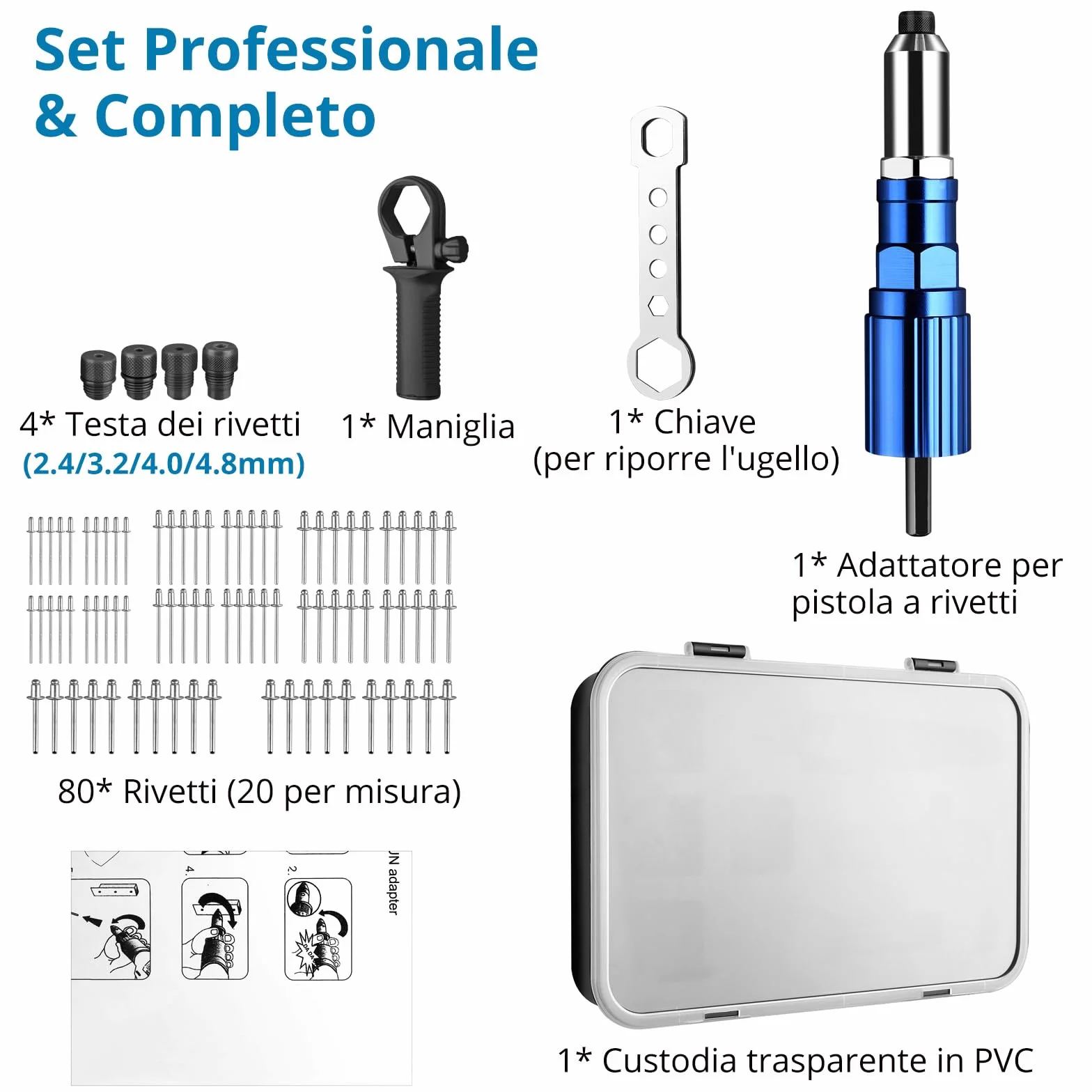 AUTOUTLET Rivetto per Trapano Avvitatore a Batteria, Adattatore Elettrico con Naselli 2,4/3,2/4,0/4,8 mm e 80 Rivetti Ciechi Alluminio Acciaio Inossidabile
