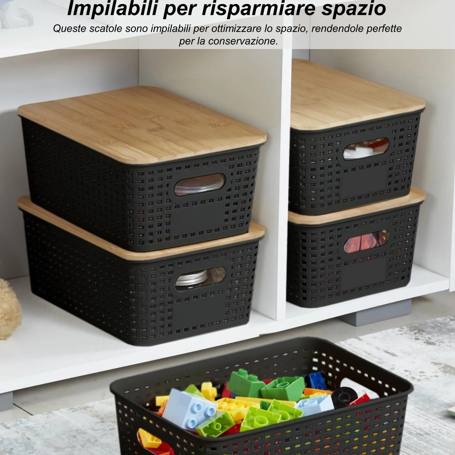 Scatola di Conservazione in Plastica con Copertura in Bambu, Impilabile per Organizzare in Scaffali, Cassetti, Scrittori, Armadietti, Sale Giochi e Uffici, Set da 6, Nero