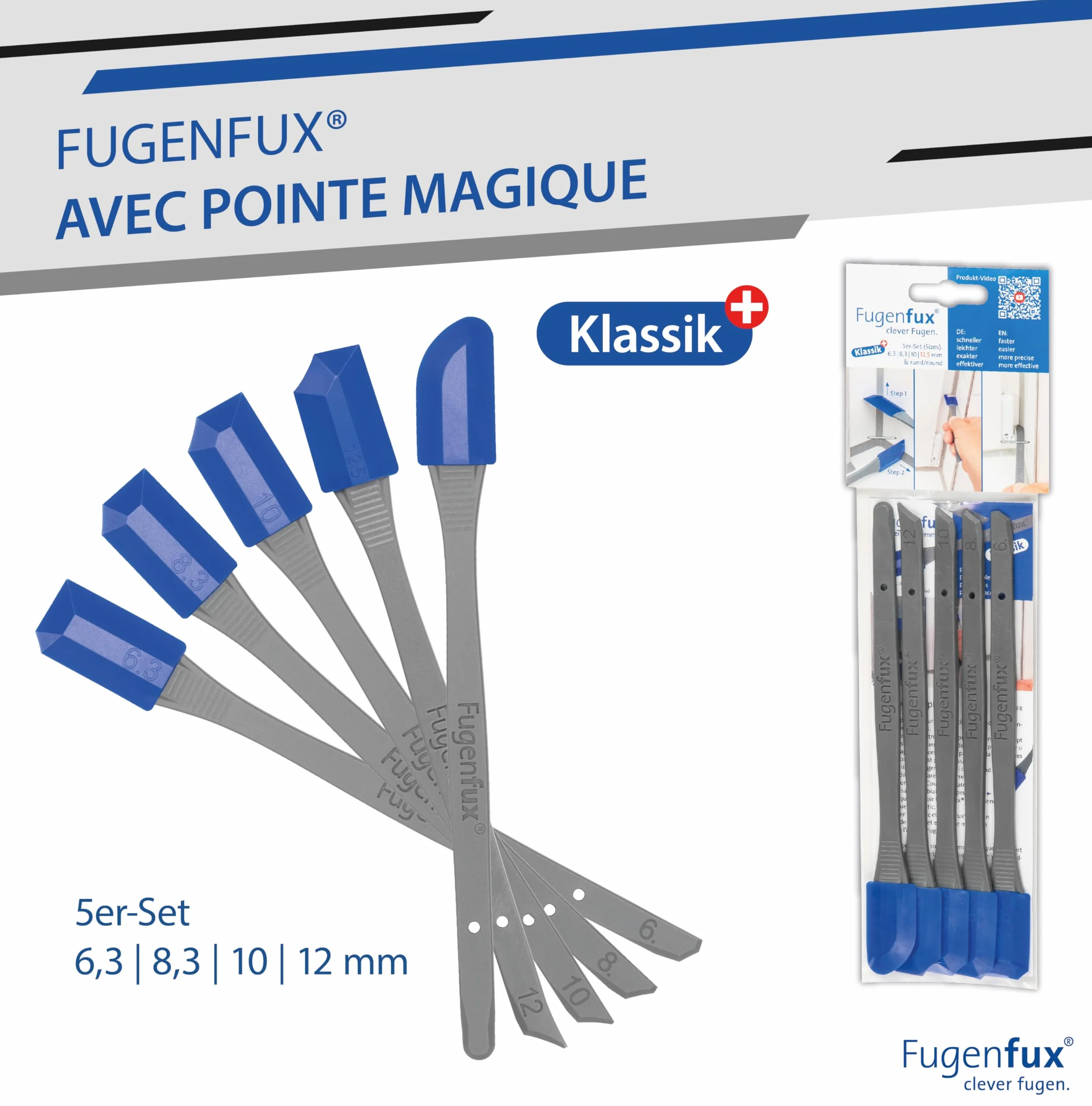 FUGENFUX® - Set di 5 raschietti per fughe con rivoluzionaria punta magica per punti estremamente stretti, 5 testine speciali ottimizzate, Made in Germany, per tutti i sigillanti