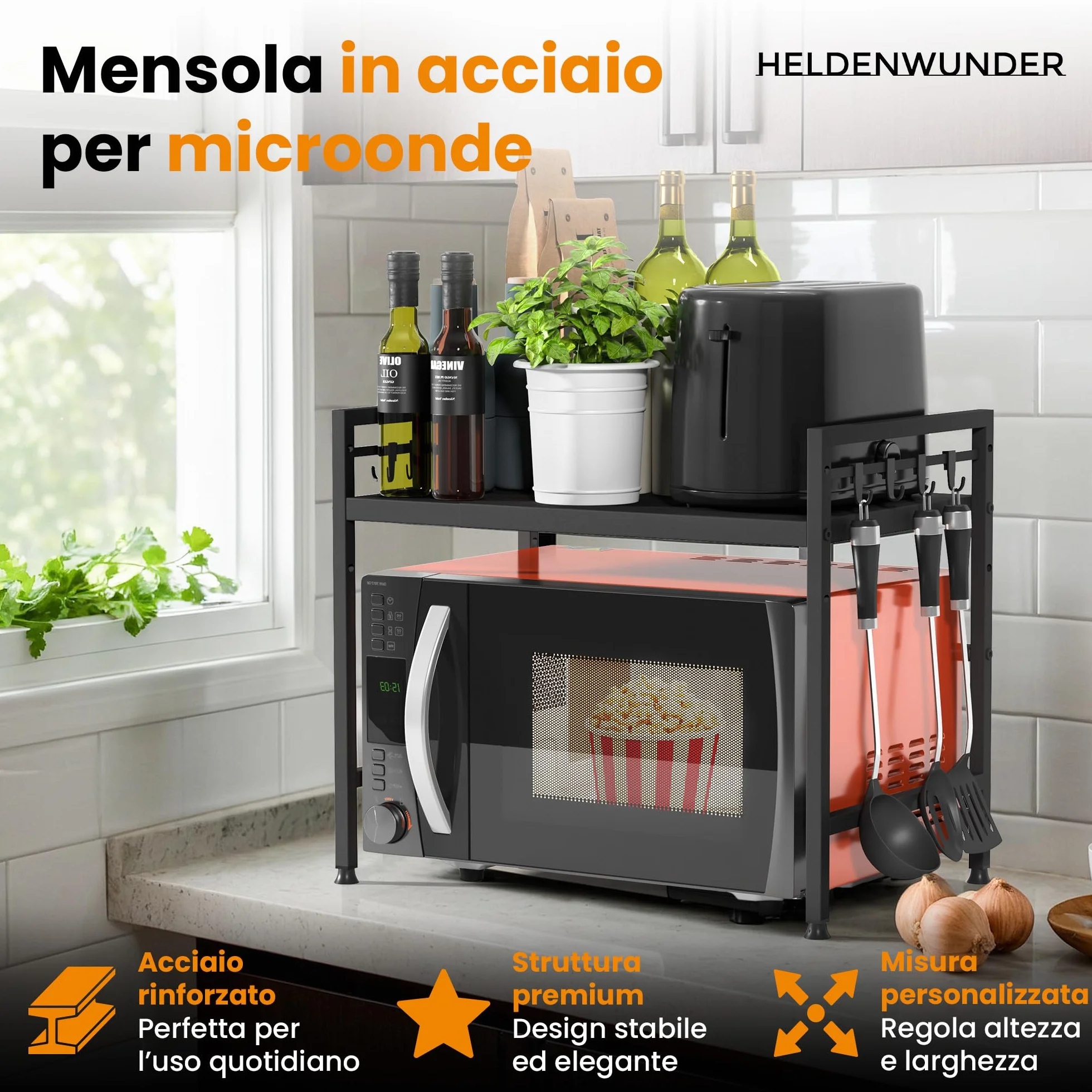 Heldenwunder Mensola MobileCucina Salvaspazio Acciaio (2 Ripiani) | Organizer Forno Mobiletto Scaffali | Supporto Microonde Regolabile + Video Guida, Ganci – Nero
