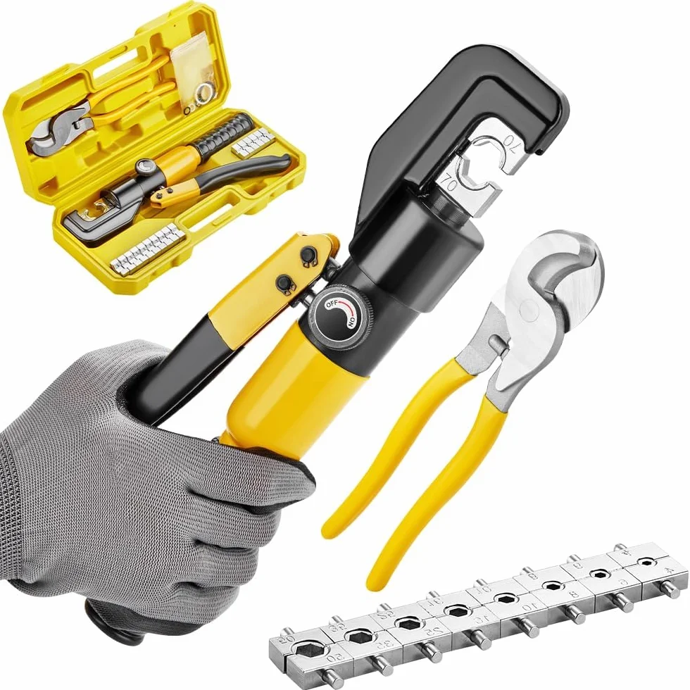 TEENO Pinza crimpatrice idraulica 10T e tagliacavi, da 12 a 2/0 AWG, pinza crimpatrice manuale per terminali elettrici e fili, kit con 9 matrici