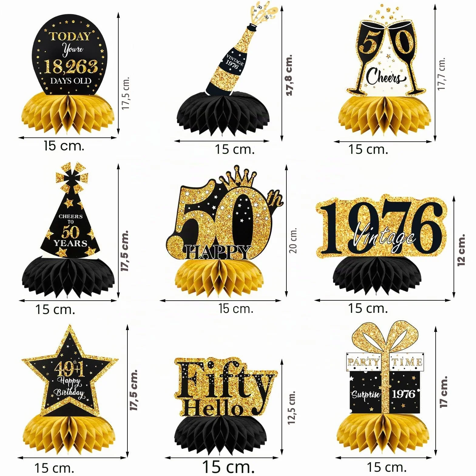 9 Pezzi Centrotavola Compleanno,Centrotavola a Nido d'Ape Oro Nero Decorazioni,Toppers da Tavolo,Compleanno Centrotavolo per Uomini e Donne,Feste di Compleanni (HB-2026-50)