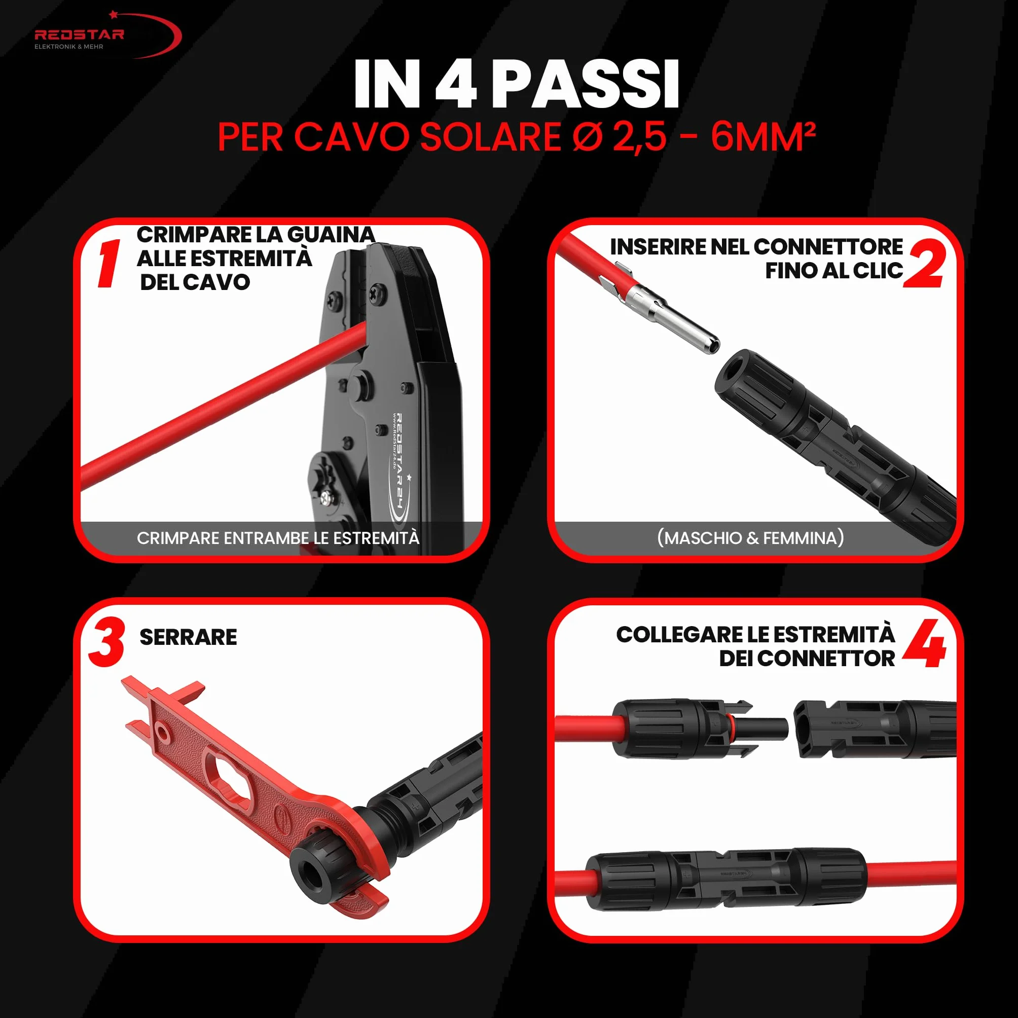 RedStar24 Set Pinze Crimpatura Solare 2,5/4/6mm² con 10 Connettori Maschio & Femmina, 2 Chiavi per Montaggio, Crimpatrice per Cavi Solari PV e Impianti fotovoltaico