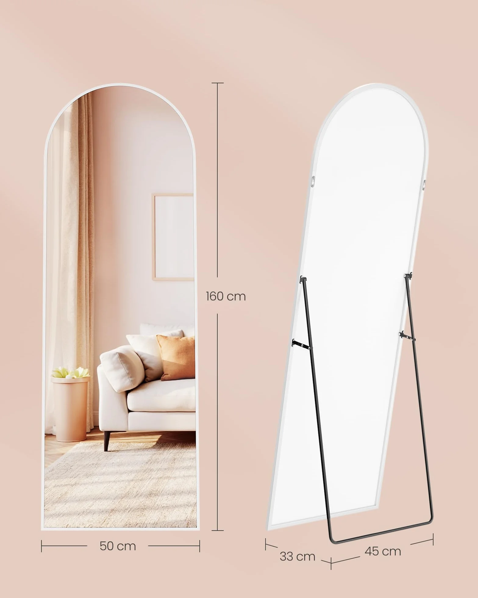 SONGMICS Specchio a Figura Intera 160x50 cm, Specchio da Terra ad Arco, Cornice in Alluminio, Vetro Temperato, Bianco Opaco LFM031WC01
