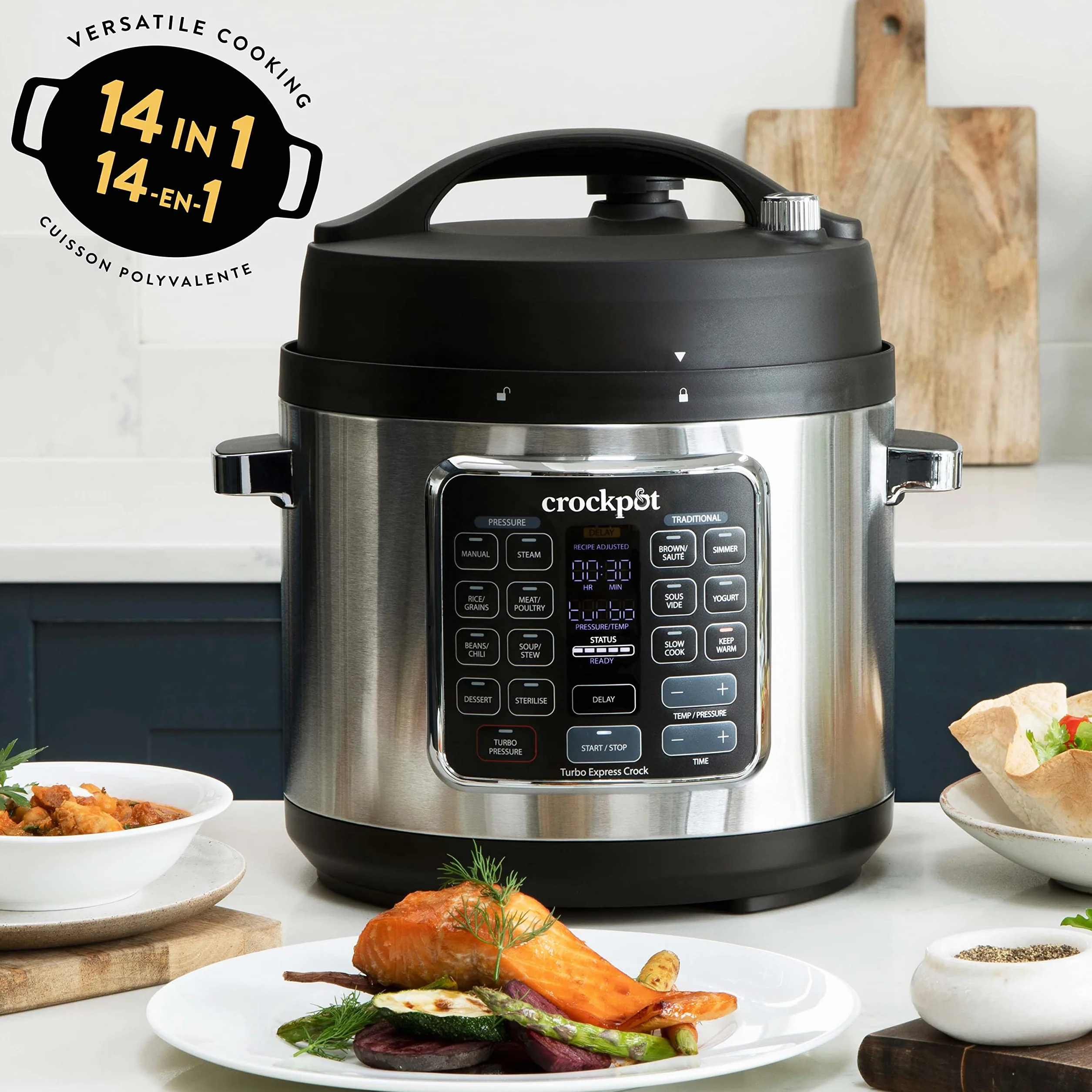 Crock-pot TURBO Express MultiCooker 5.6l, 6 Persone,Programmabile,14 funzioni pre-impostate,Cottura a Pressione, Vapore,Slow Cooker,Rosolatura,Sous Vide,Bollitura,Sterilizzazione,Yogurt,1400W,Argento