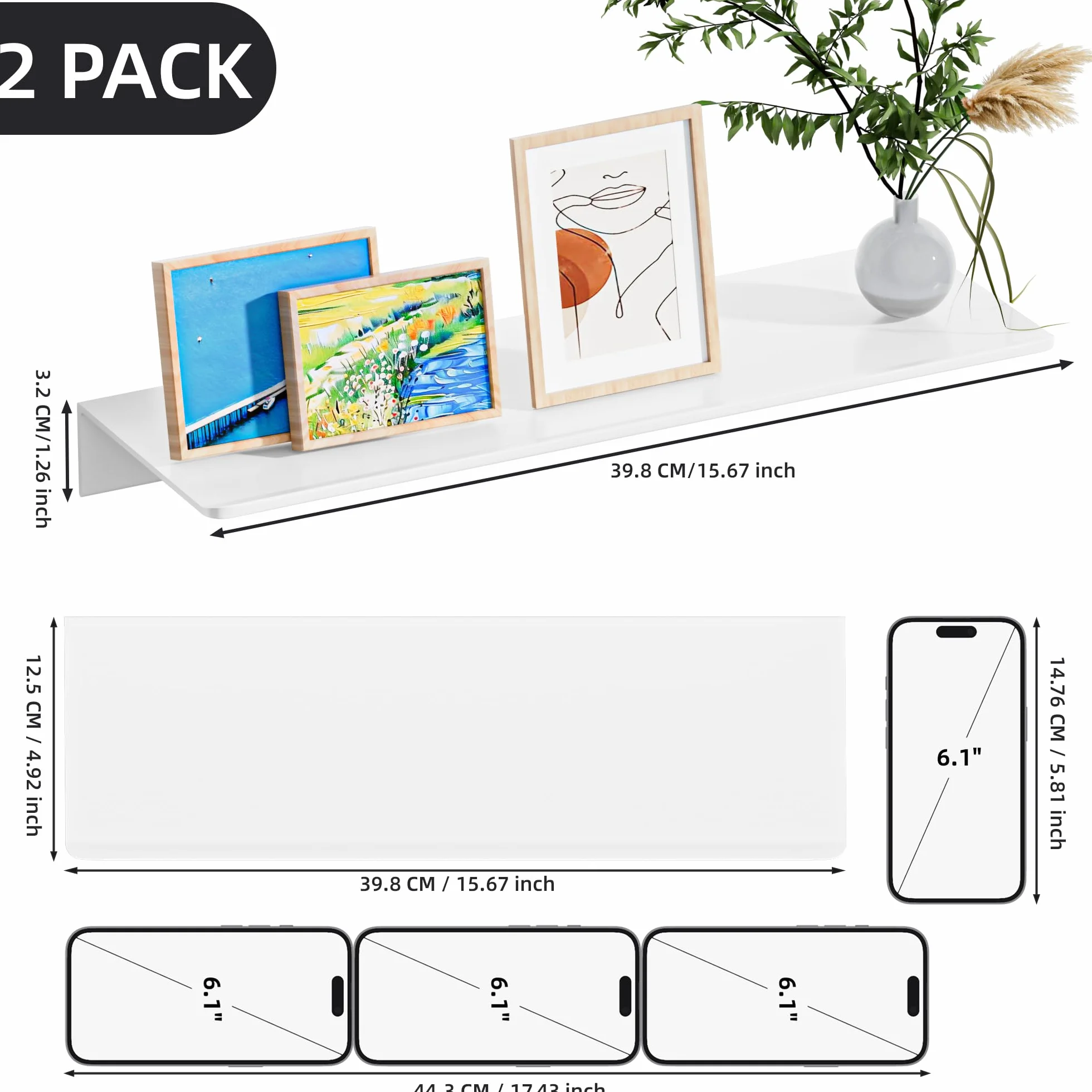 HNVNER Mensole da Parete in Metallo 2 Pezzi - 40 cm Mensola da Muro Bianco Lucido in Lega di Alluminio Senza Foratura, Antiruggine, Ripiani a Parete per Soggiorno, Camera da Letto, Bagno