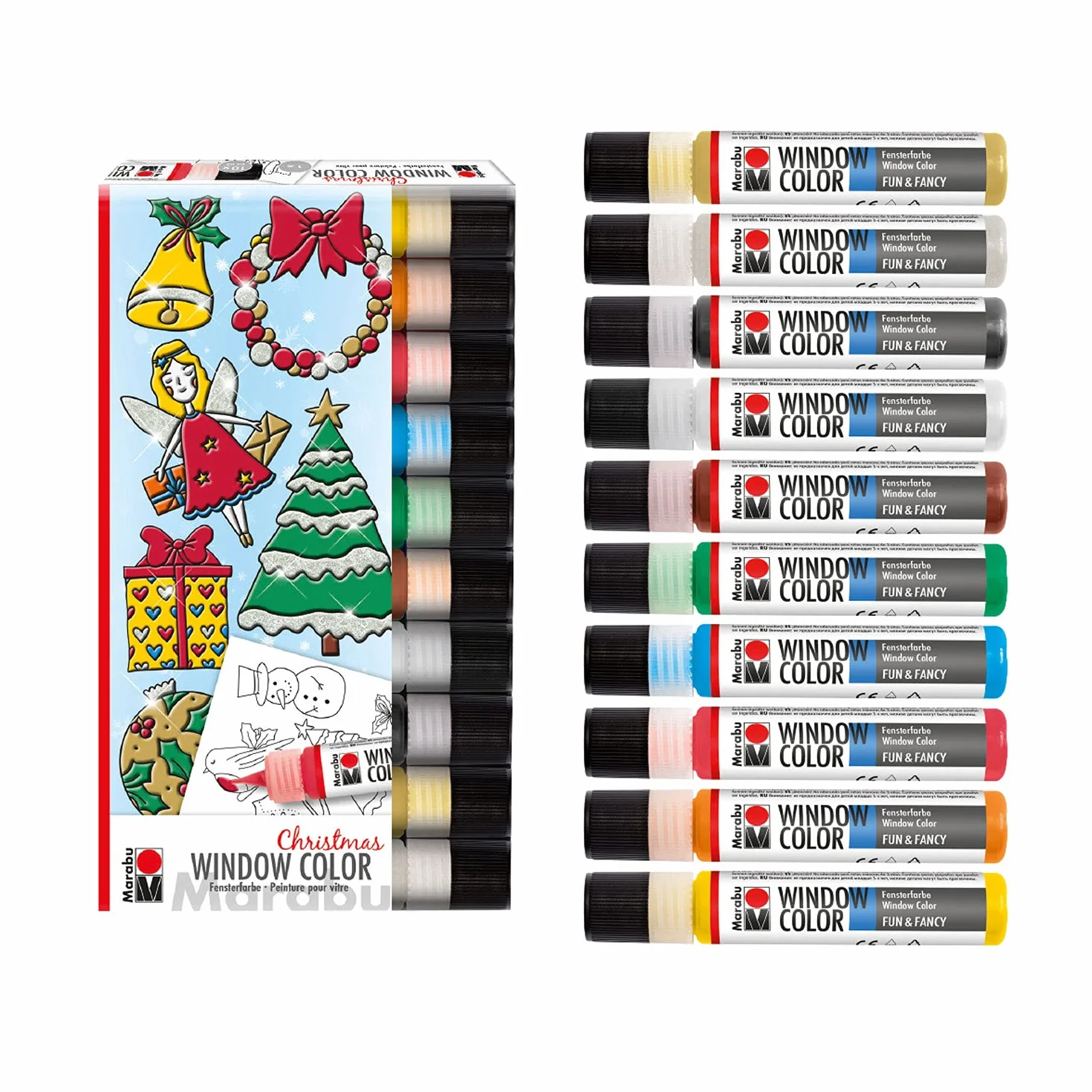 Marabu 0406000013894 - Set di 10 colori per finestre da 25 ml e un modello con 20 motivi, colori a base d'acqua, adatto per vetro, specchi, piastrelle e pellicole