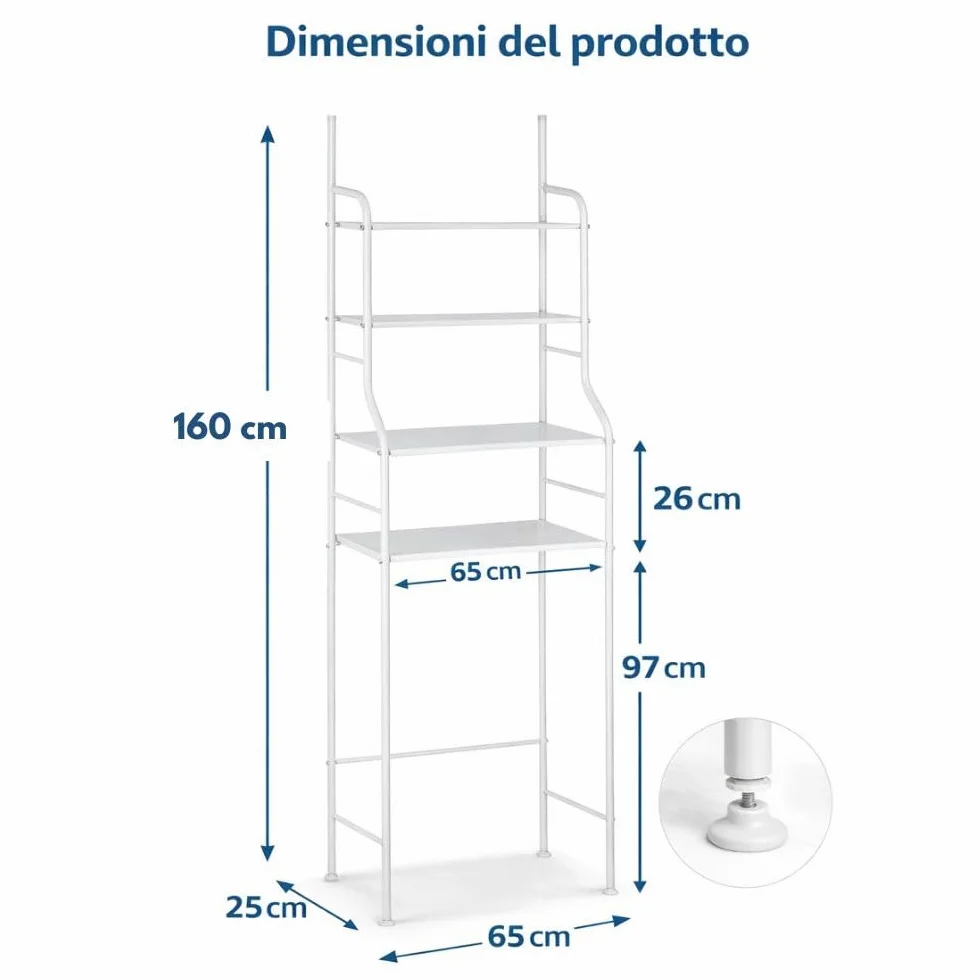 Scaffale Sopra Lavatrice in Metallo – Libreria Salvaspazio 3 Ripiani – Struttura Super Resistente – Piedini Antiscivolo – Organizer Lavanderia 65x25x160 cm – Bianco