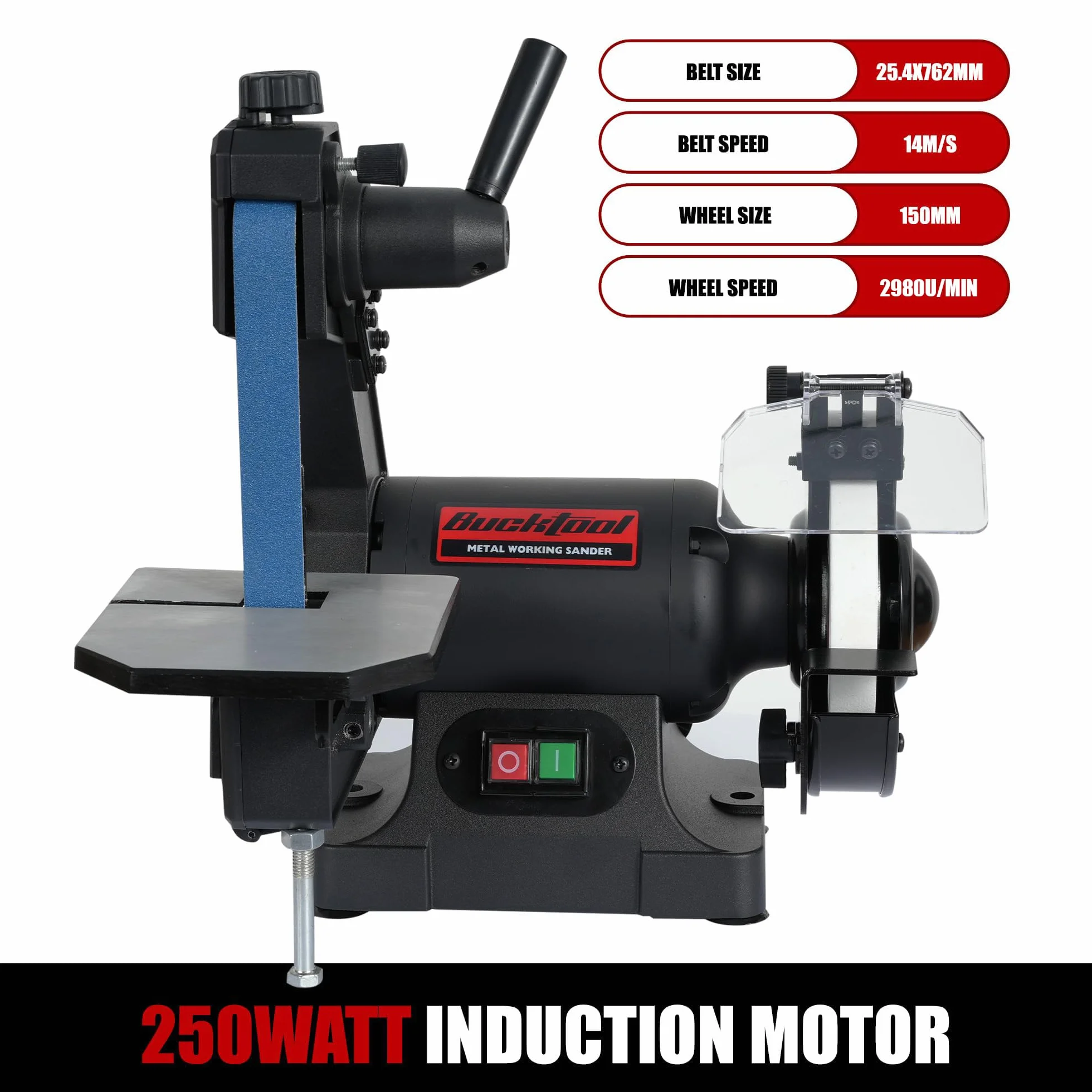 BUCKTOOL Levigatrice a nastro e mola combinata, 250 W, nastro 25,4 x 762 mm e disco da 150 mm, levigatrice a nastro in metallo