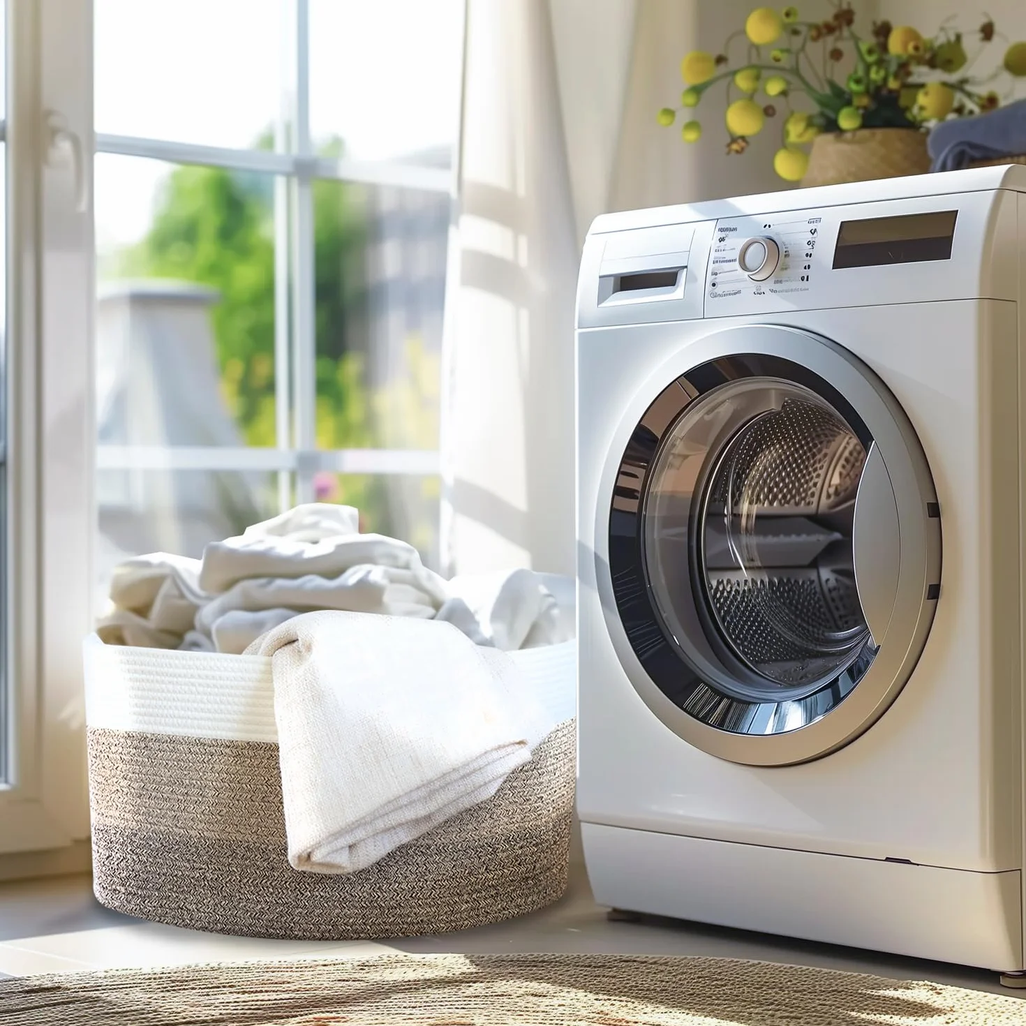 HMF XXL Cesto portabiancheria in cotone, cesto contenitore angolare con manici | 55 x 43 x 30 cm | Bianco-Marrone